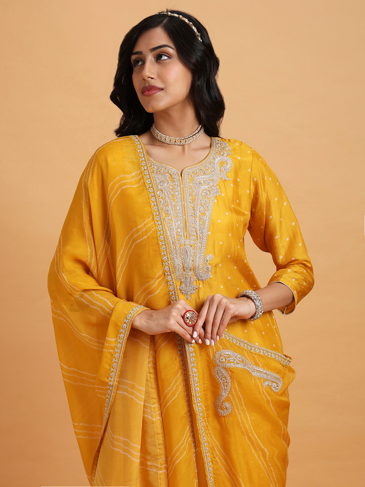 Mango yellow bandhni print paisely embroidered kurta set