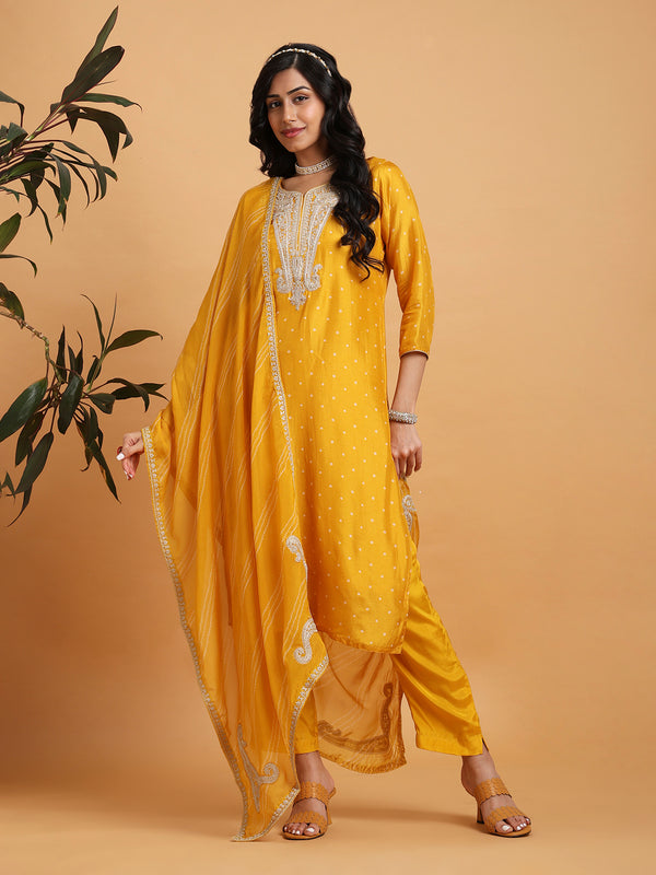 Mango yellow bandhni print paisely embroidered kurta set