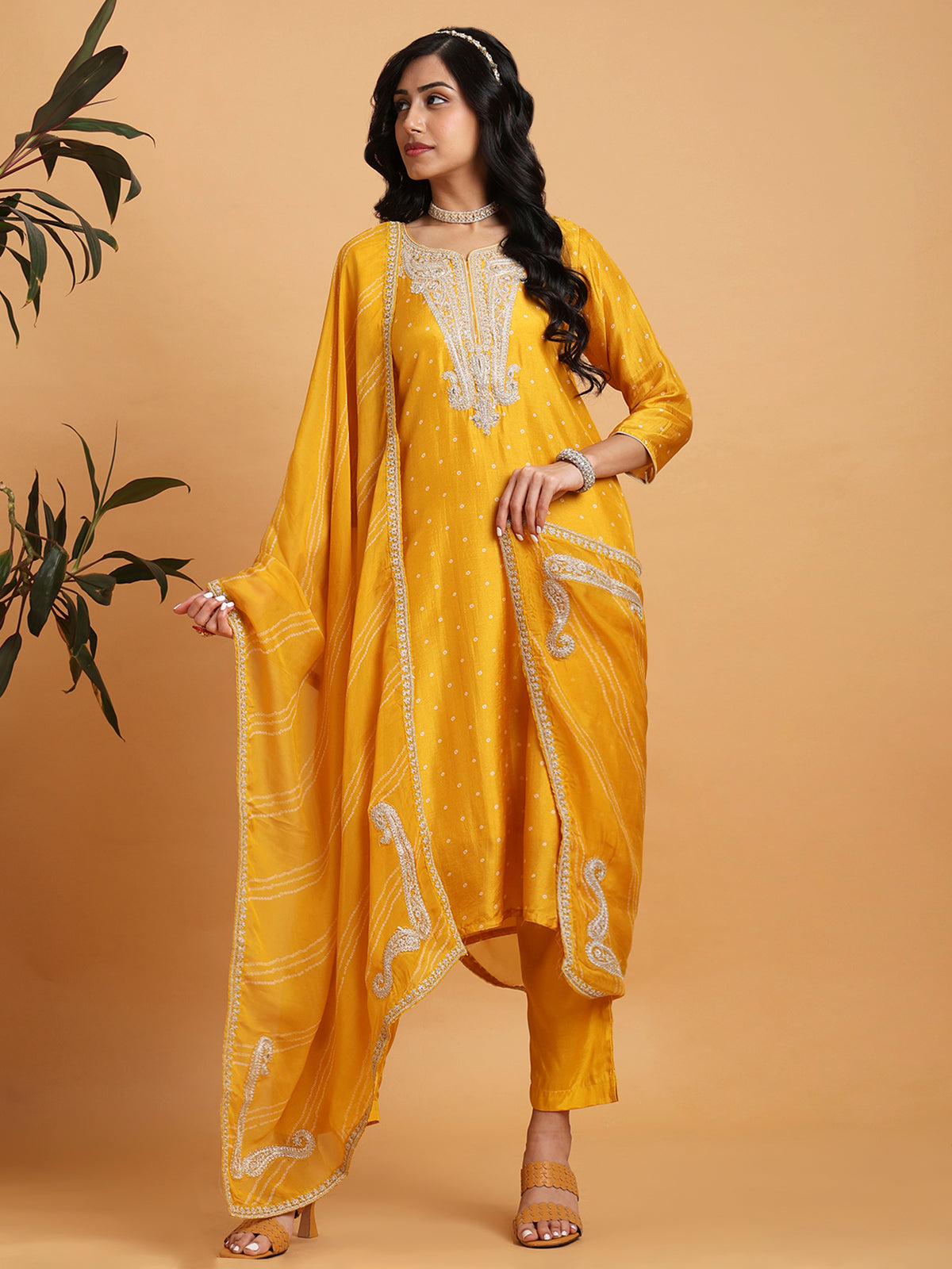 Mango yellow bandhni print paisely embroidered kurta set