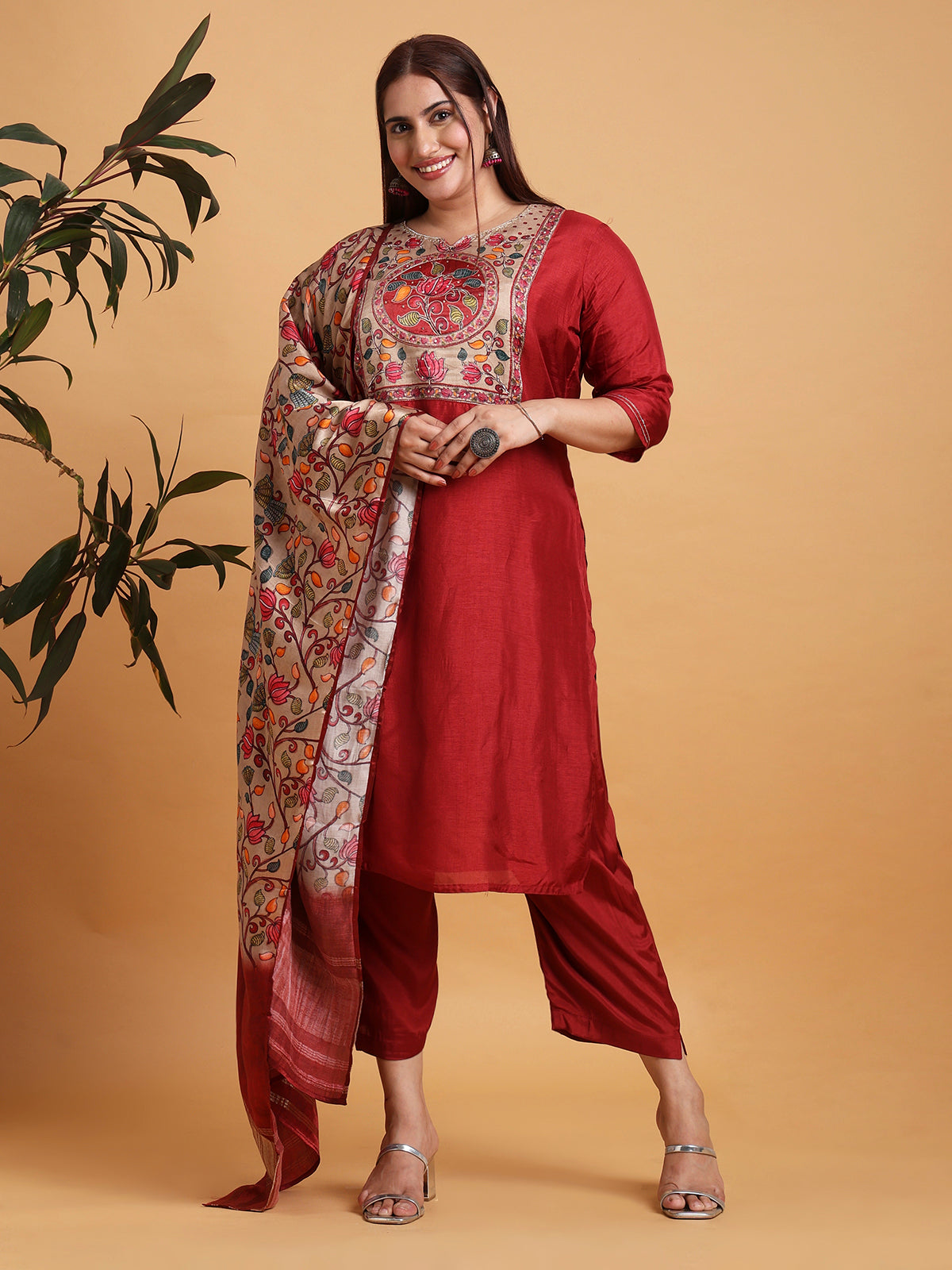 Maroon patchwork kurta set with floral printed dupatta