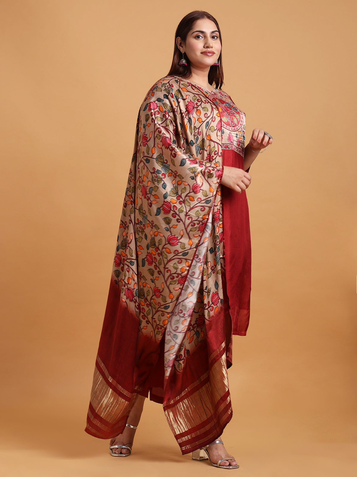 Maroon patchwork kurta set with floral printed dupatta