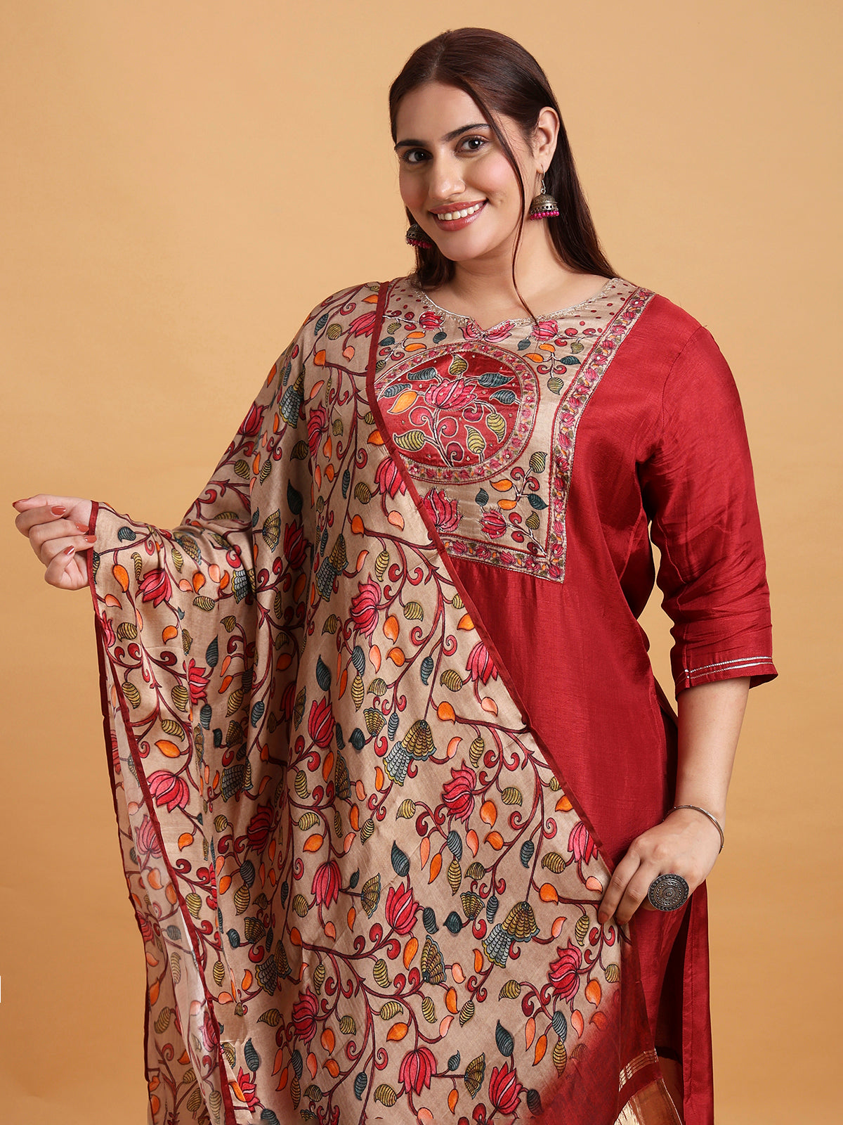 Maroon patchwork kurta set with floral printed dupatta