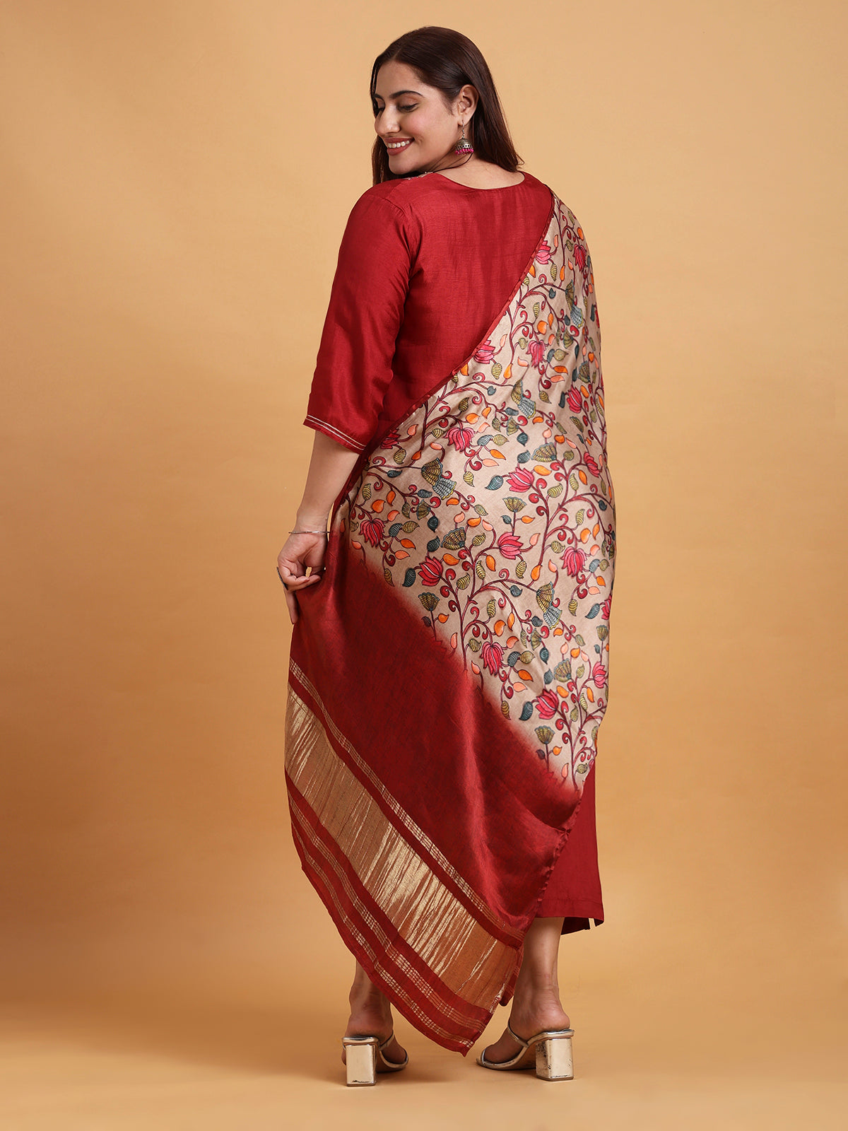 Maroon patchwork kurta set with floral printed dupatta