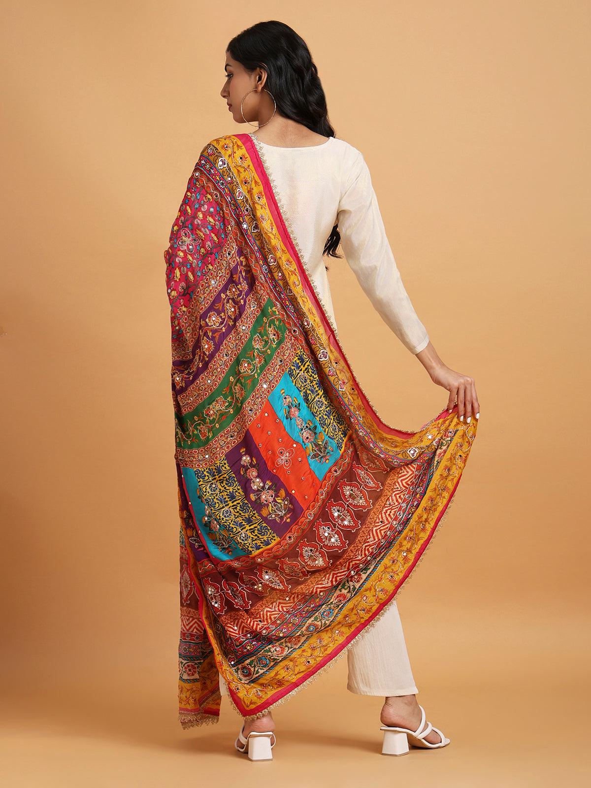 Cream kurta set with multicolor printed dupatta