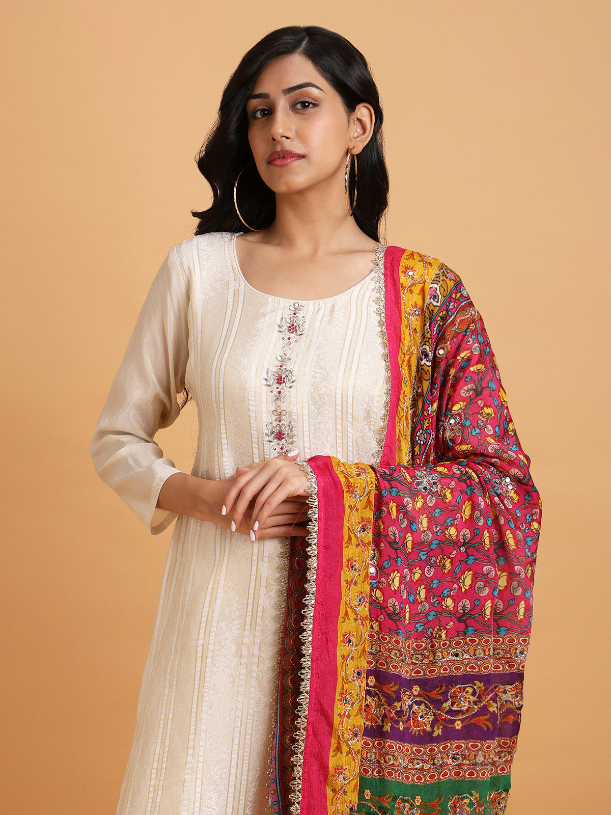 Cream kurta set with multicolor printed dupatta