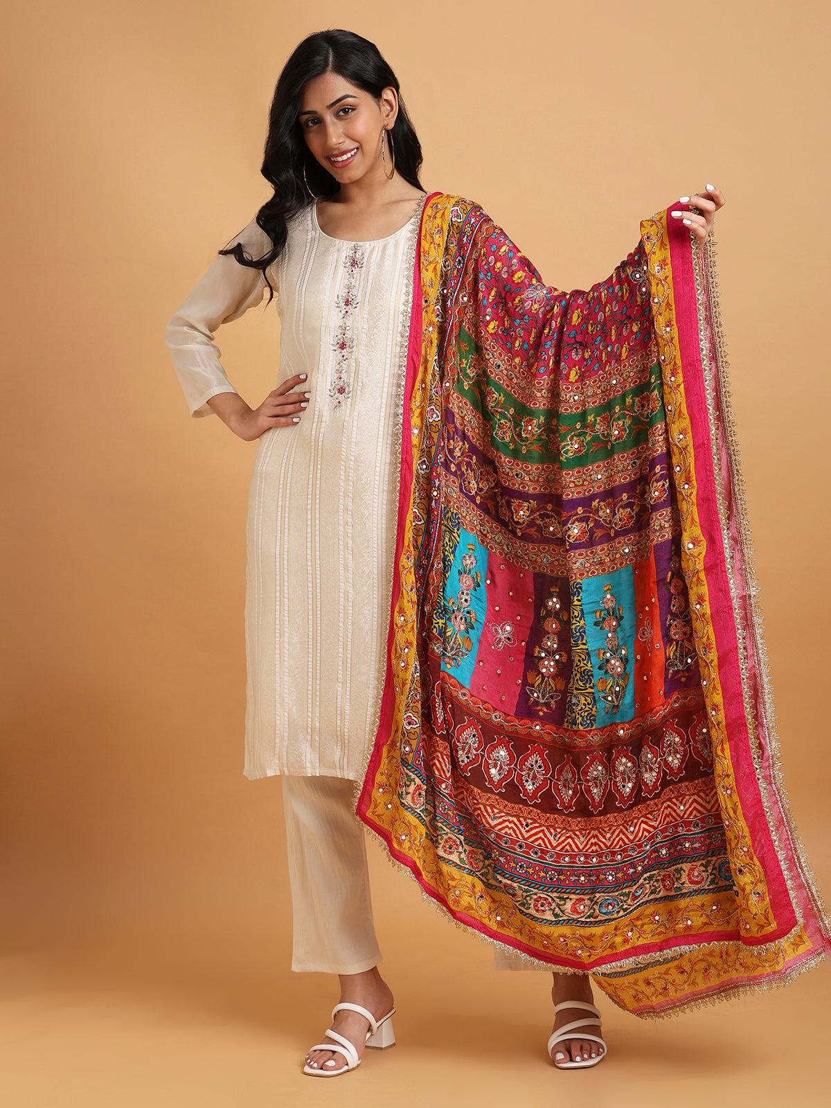 Cream kurta set with multicolor printed dupatta