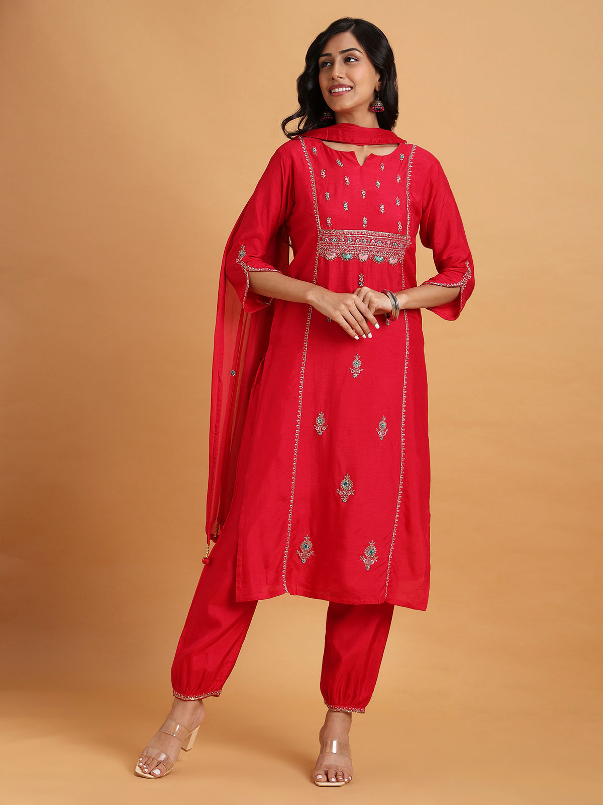 Red kurta set with tulip sleeves