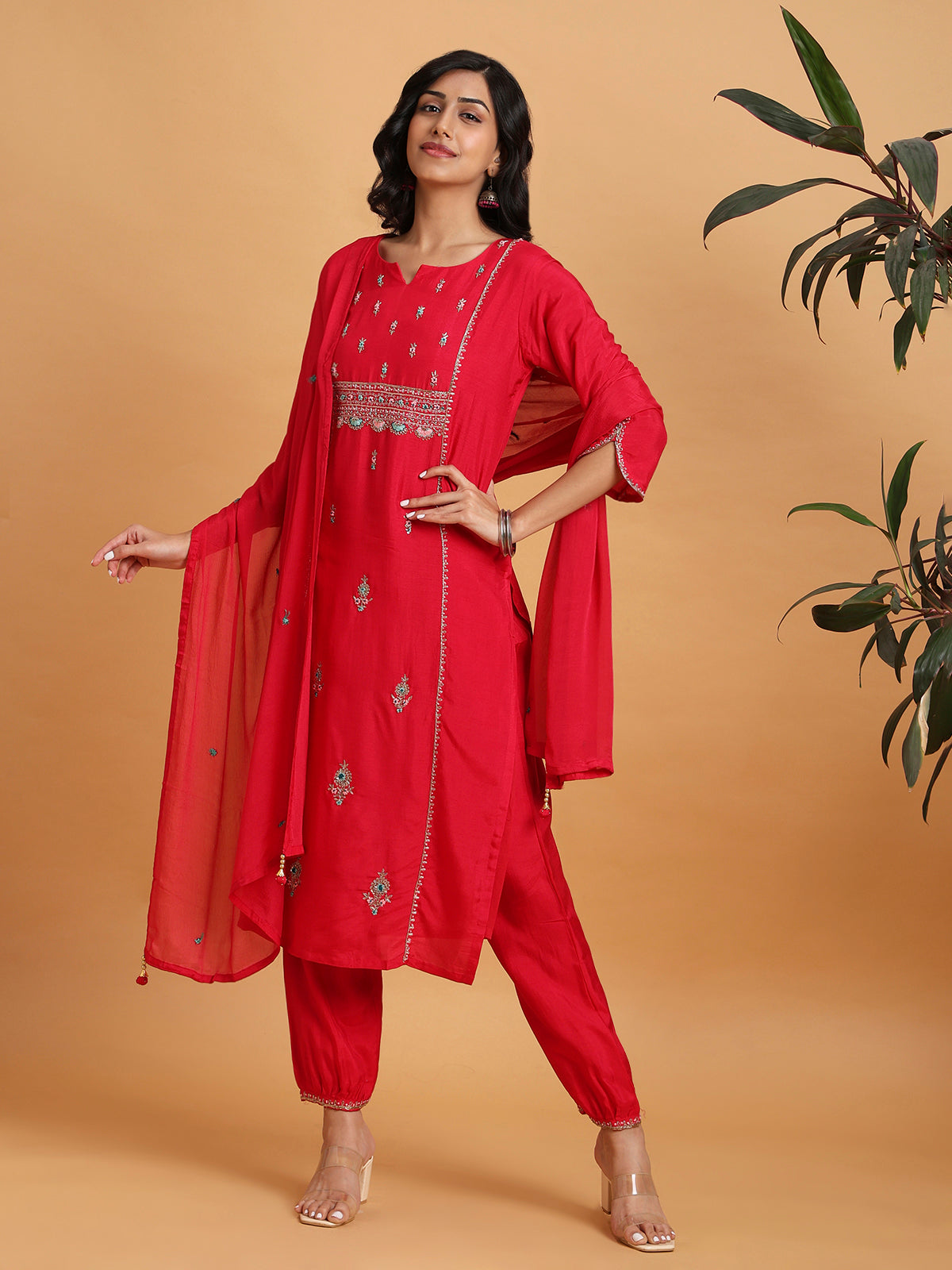 Red kurta set with tulip sleeves