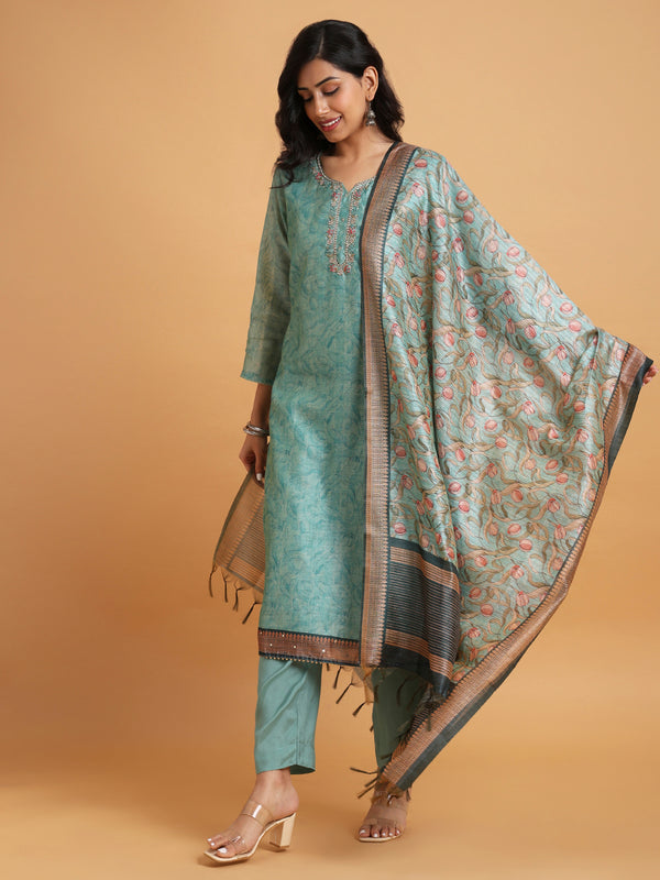 Sky blue kurta set with handloom dupatta