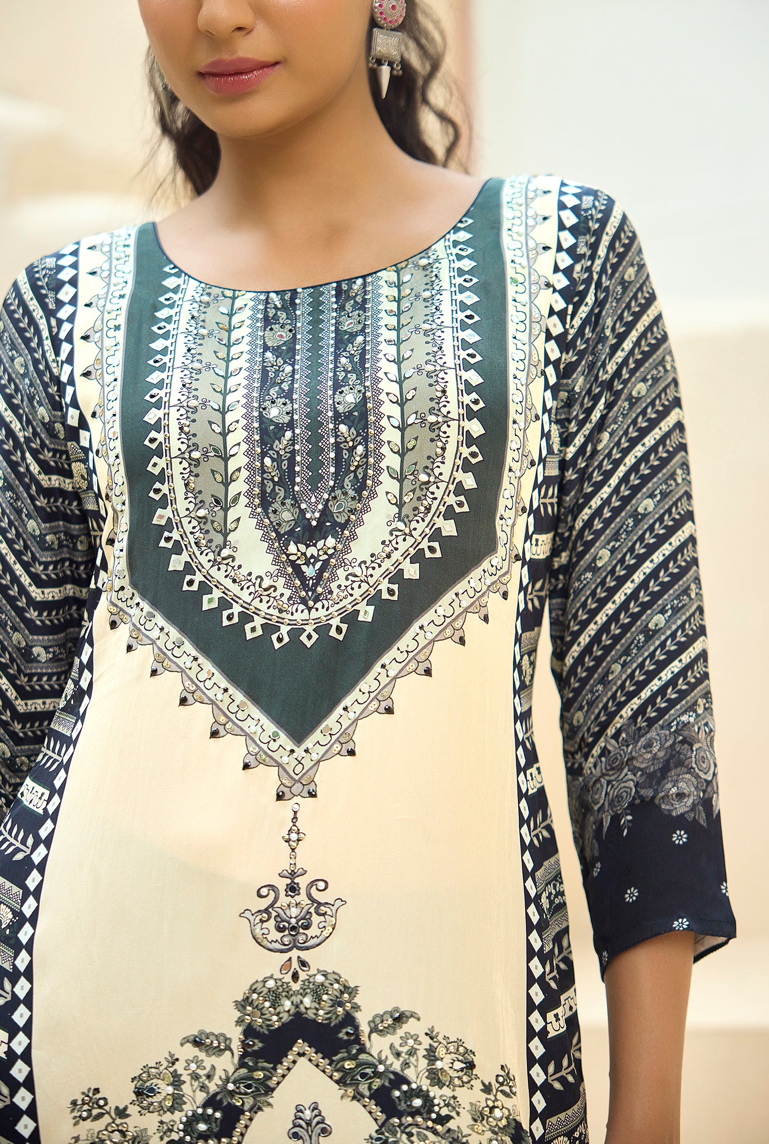 Black and ivory crepe silk printed kurta set with crepe dupatta
