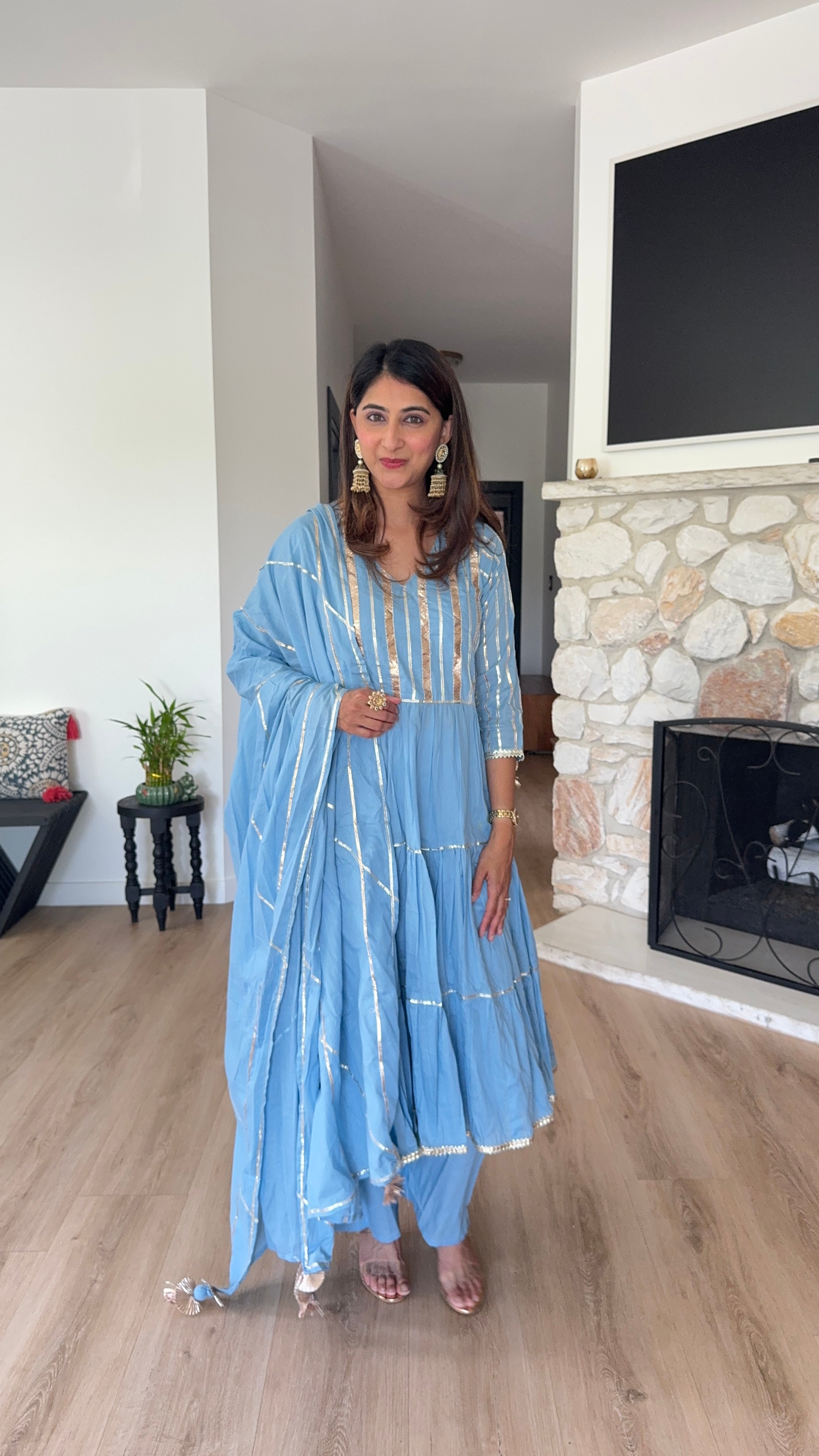 Sky blue with gold stripe anarkali set