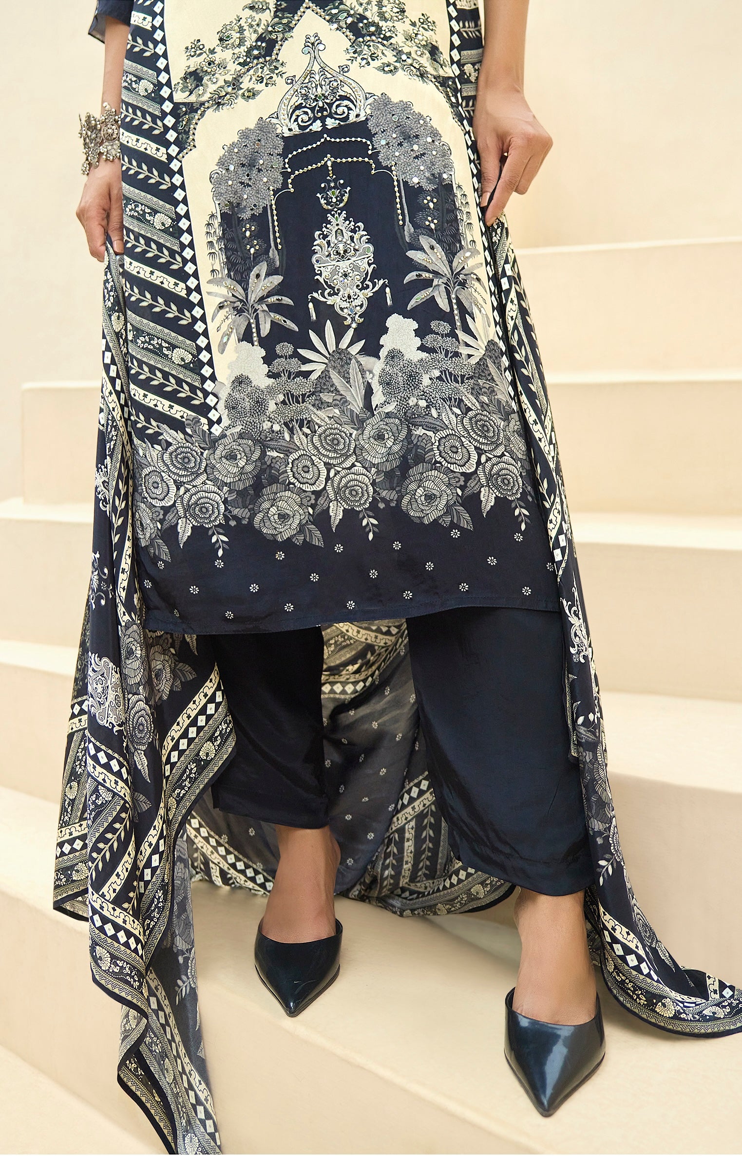 Black and ivory crepe silk printed kurta set with crepe dupatta