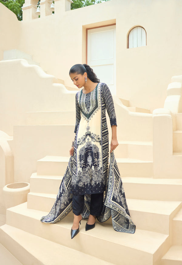 Black and ivory crepe silk printed kurta set with crepe dupatta