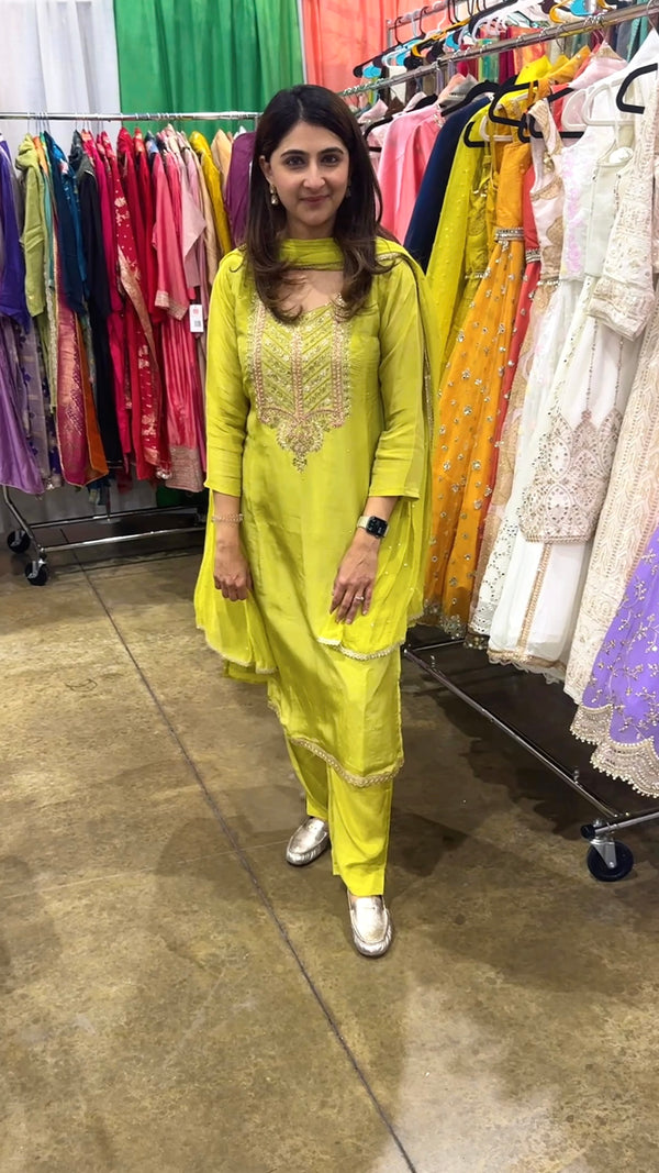 Lime green zardozi embroidered silk kurta set with chiffon dupatta
