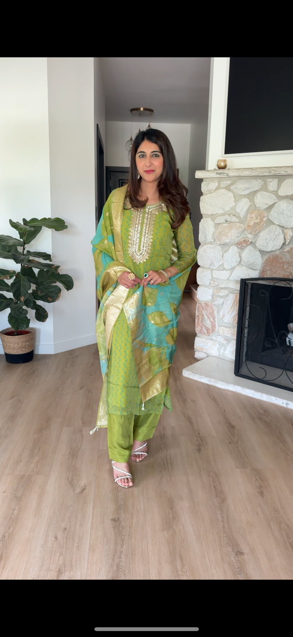 Lime green soft organza printed kurta set with blue organza dupatta