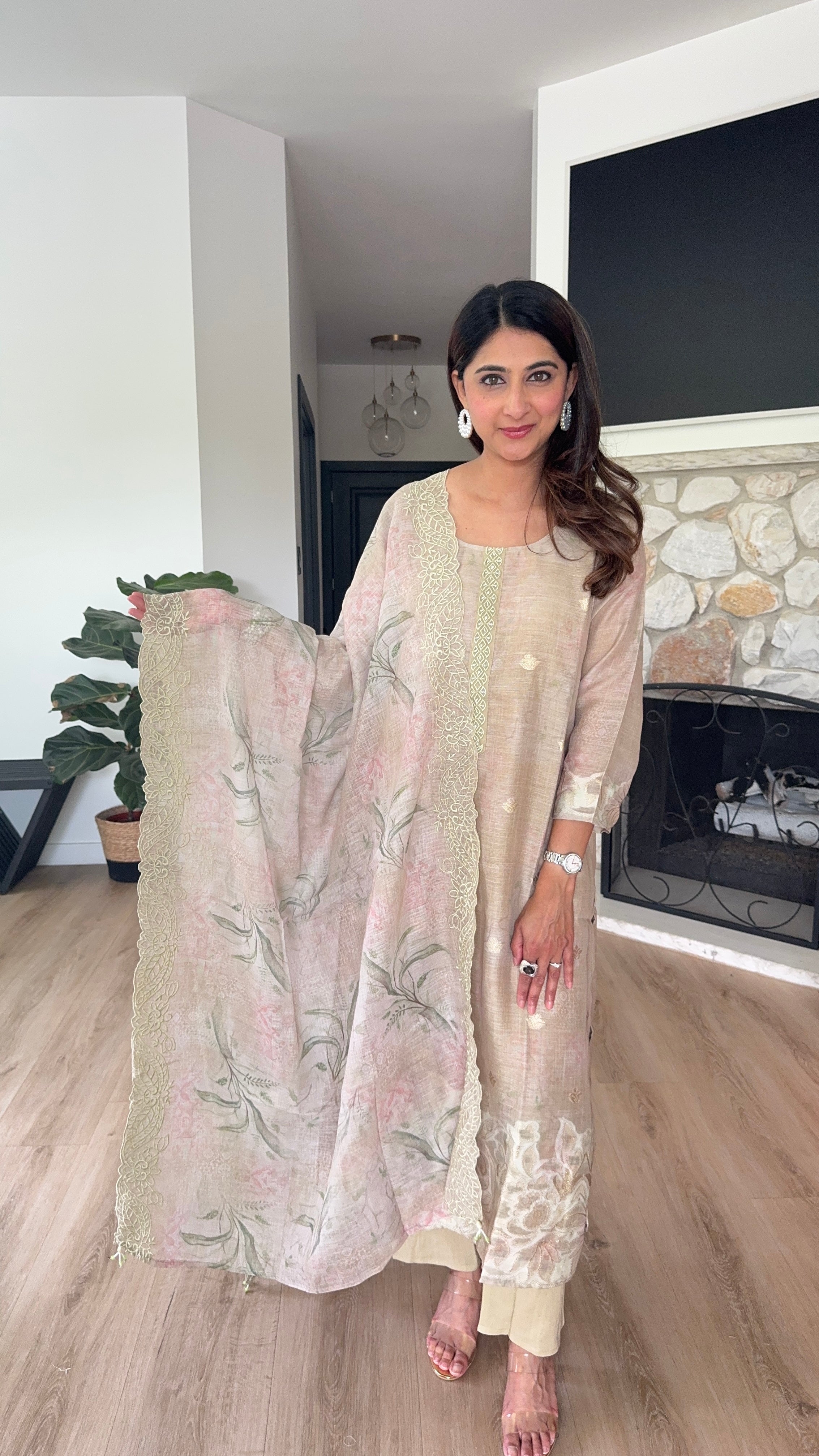 Light beige linen blend kurta set with cutwork dupatta