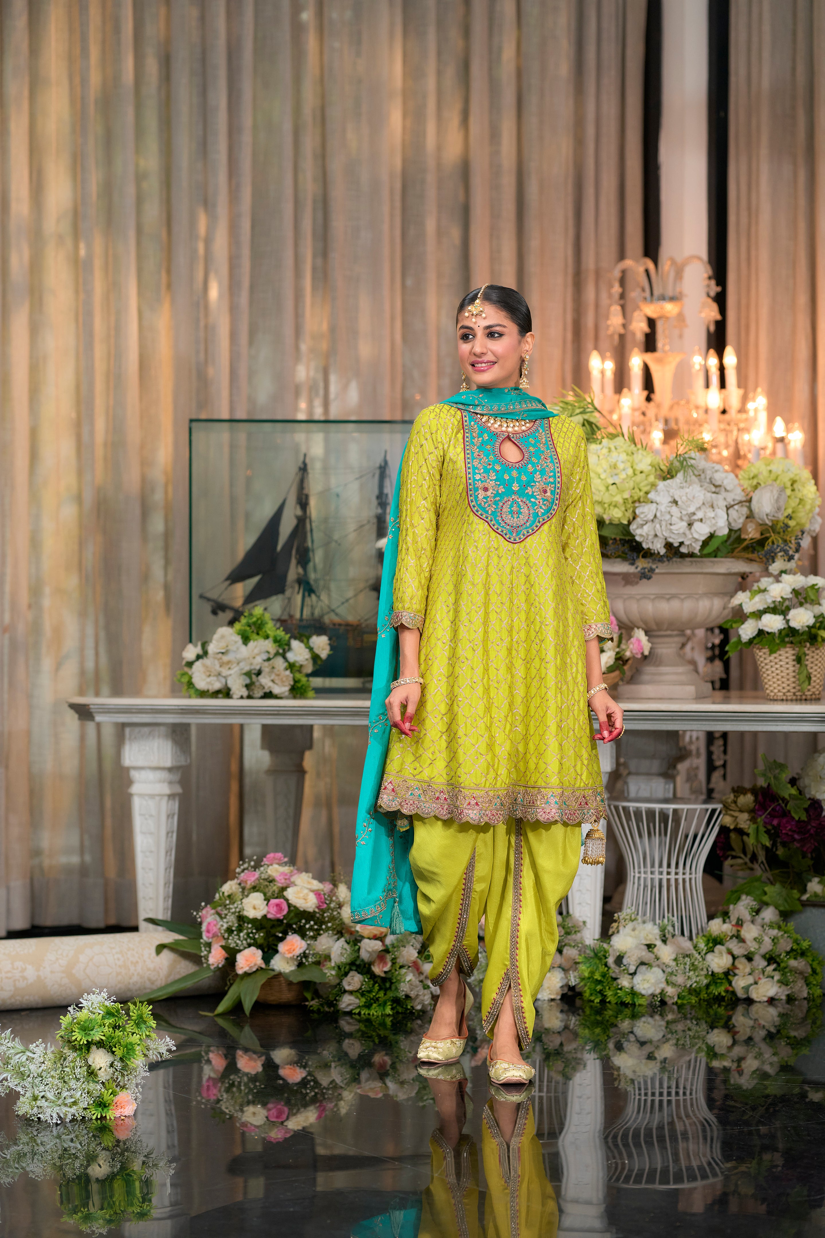 Lime green kurta and dhoti set with turquoise dupatta