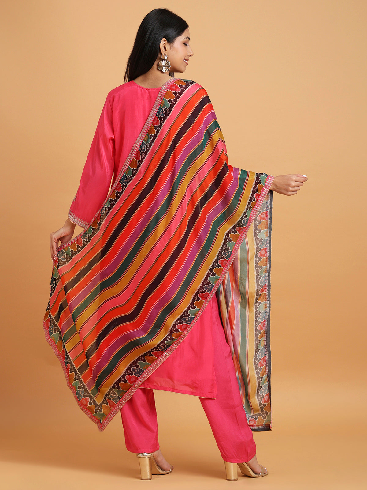 Hot pink kurta set with multicolor stripe dupatta