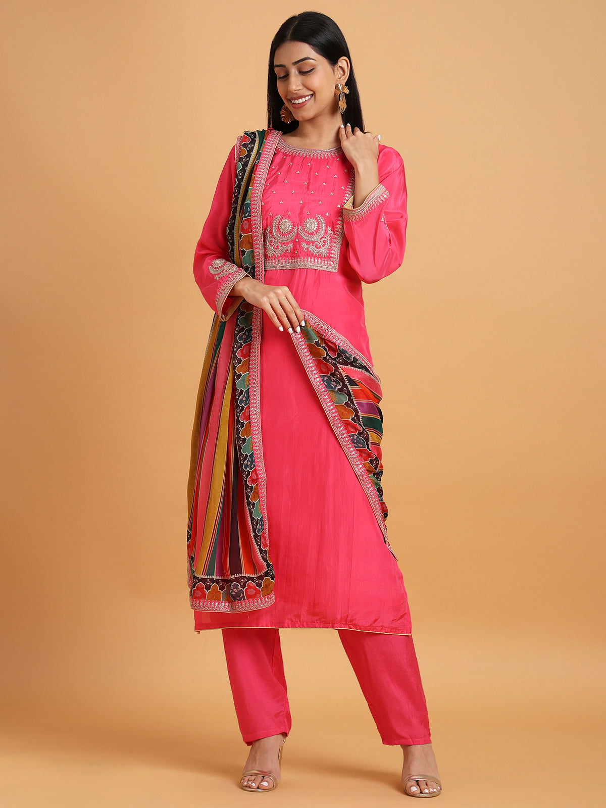 Hot pink kurta set with multicolor stripe dupatta