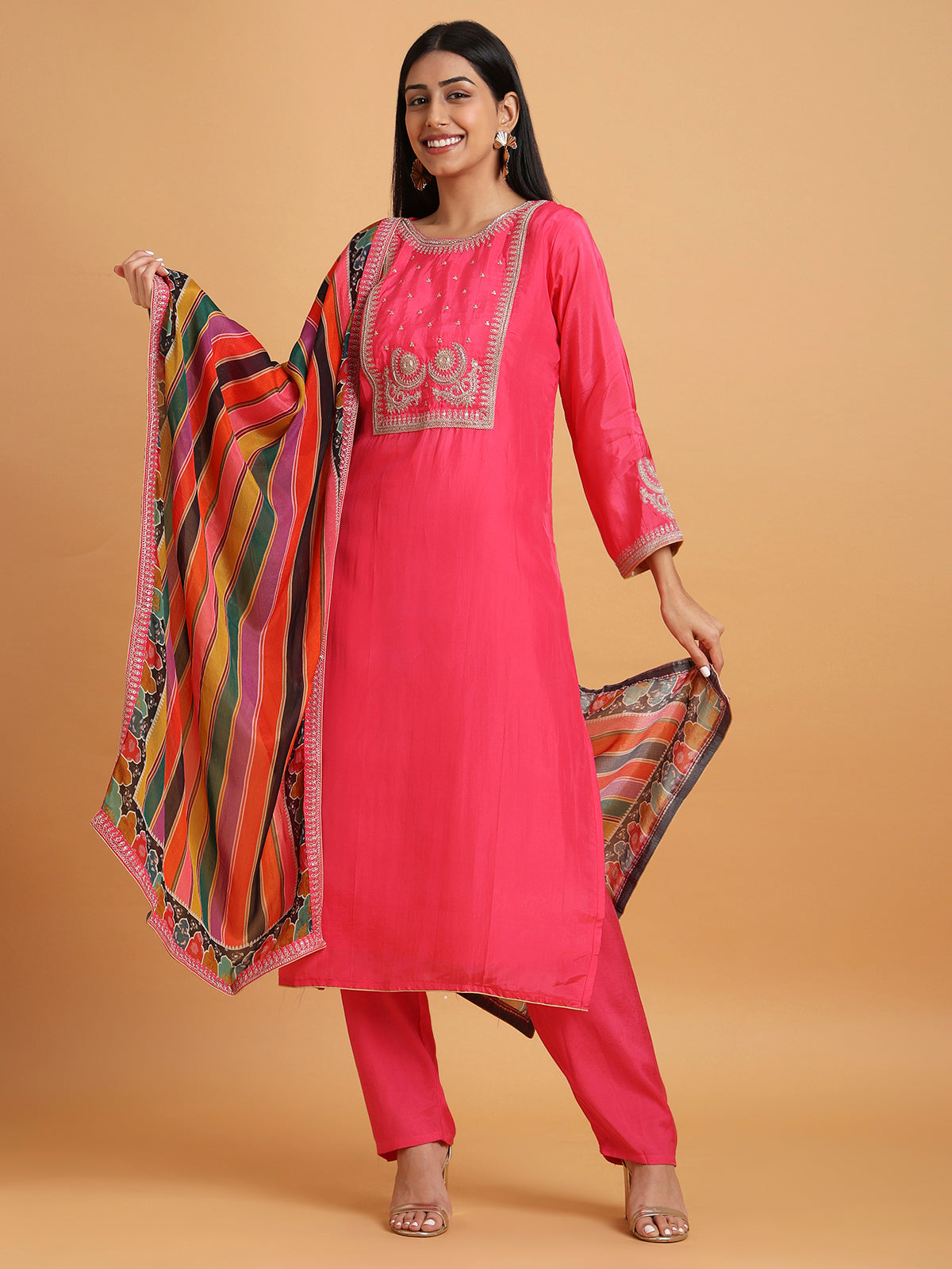 Hot pink kurta set with multicolor stripe dupatta