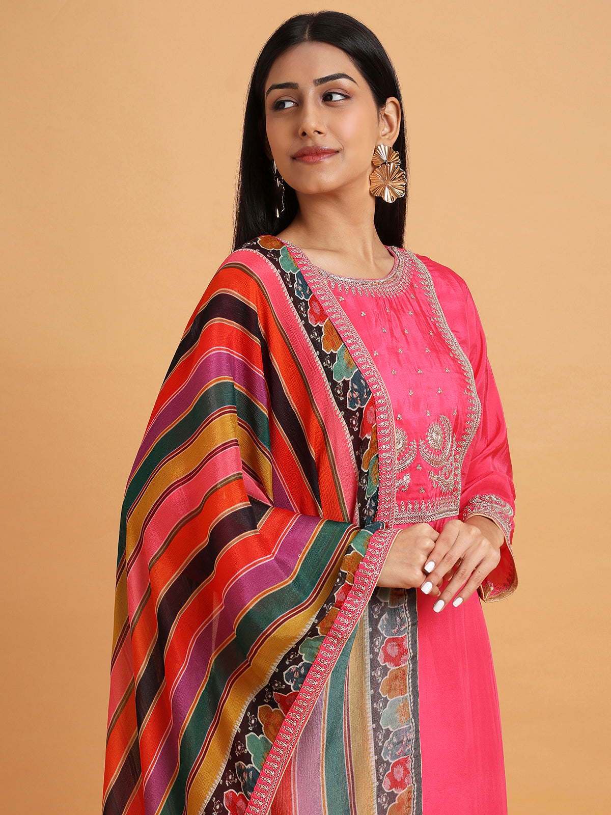 Hot pink kurta set with multicolor stripe dupatta