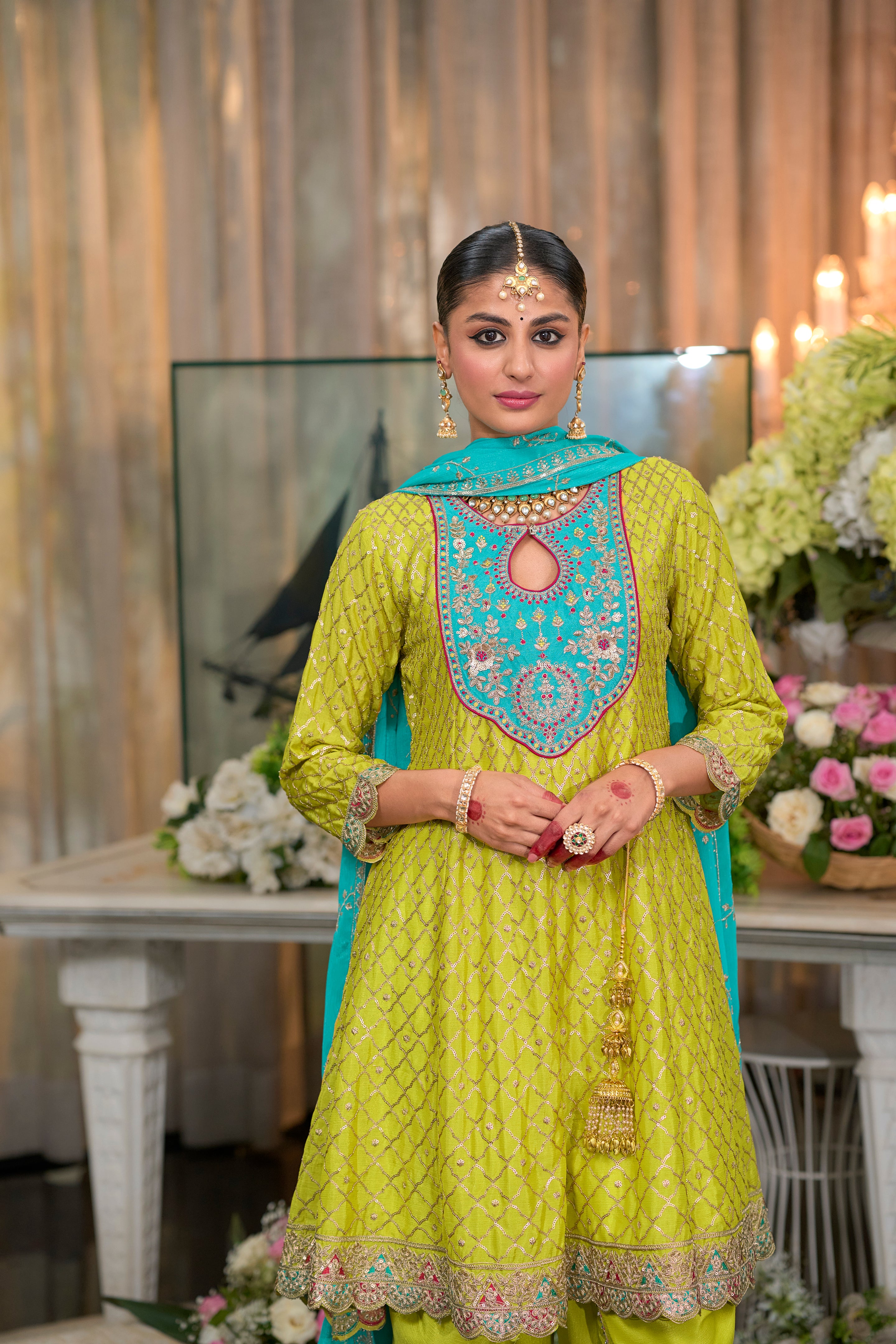 Lime green kurta and dhoti set with turquoise dupatta