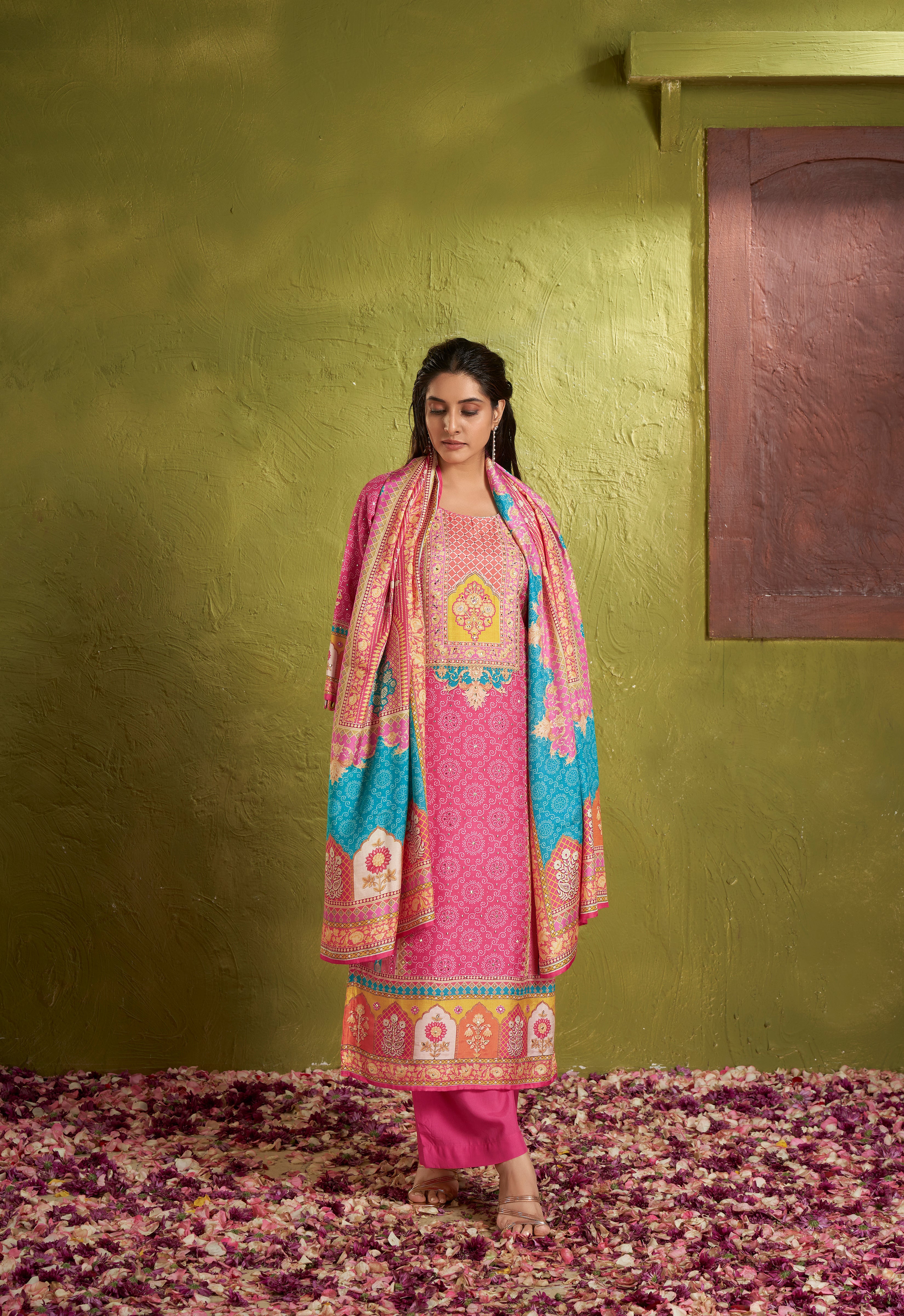 Pink multicolor kurta set with printed dupatta