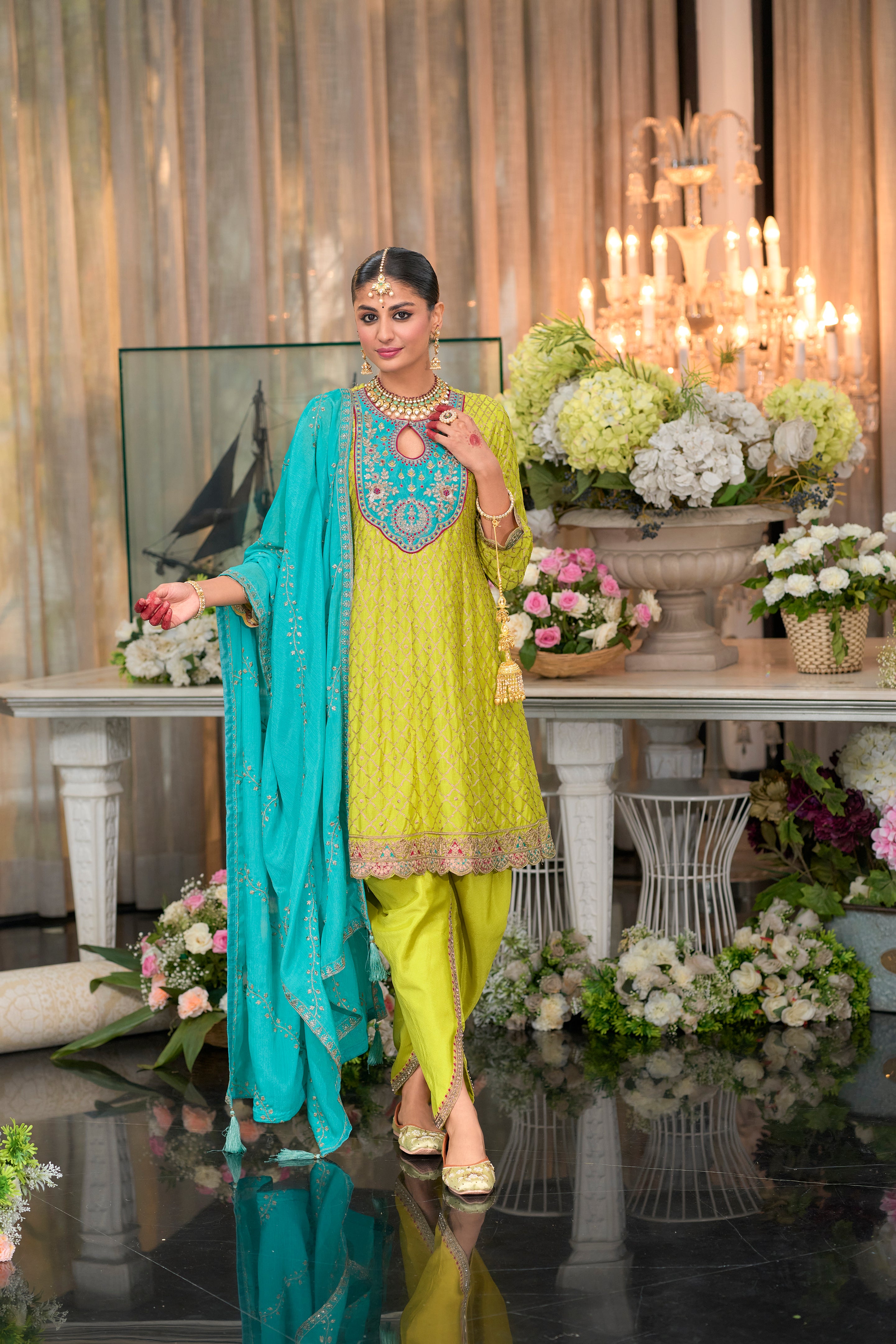 Lime green kurta and dhoti set with turquoise dupatta