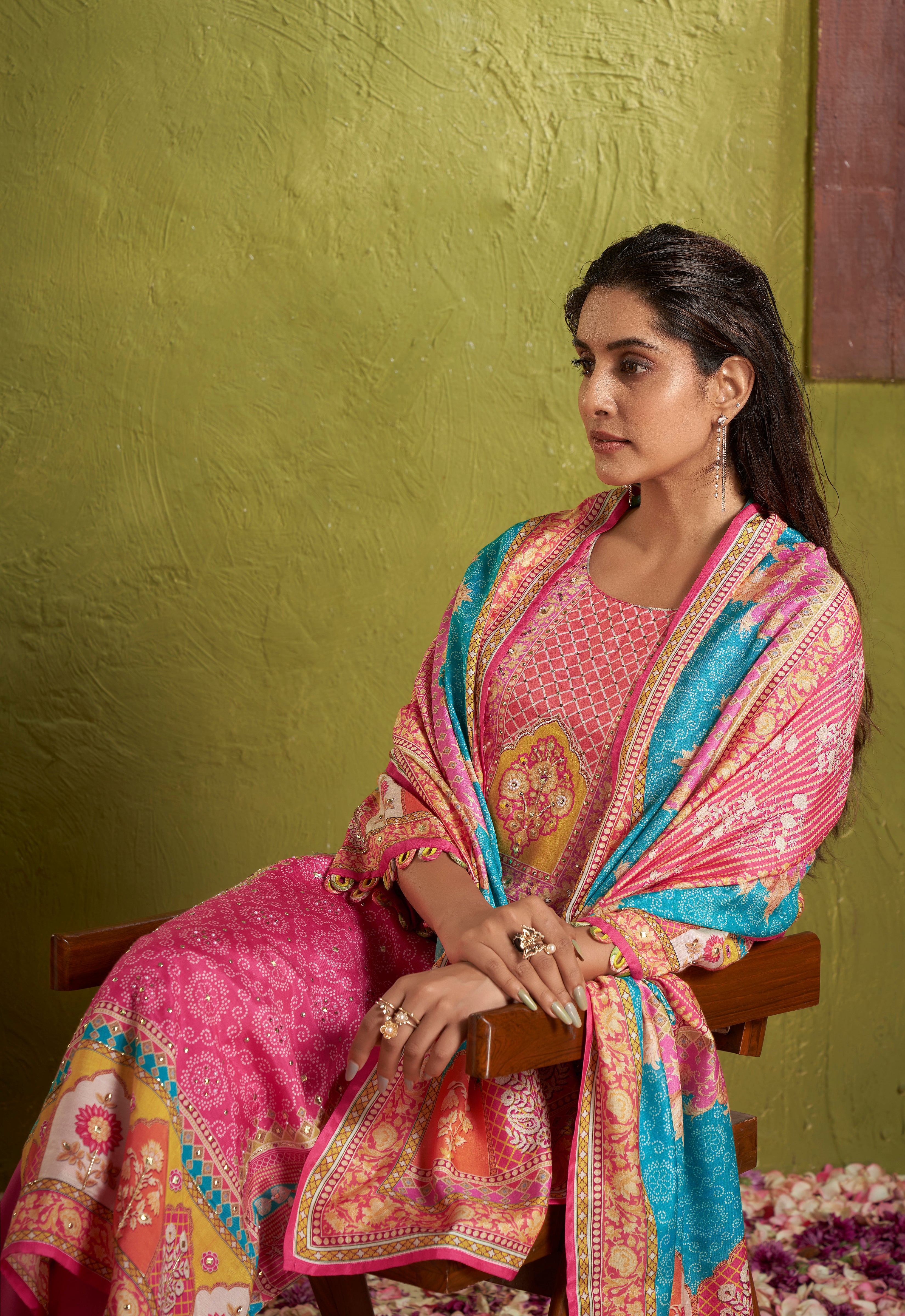 Pink multicolor kurta set with printed dupatta