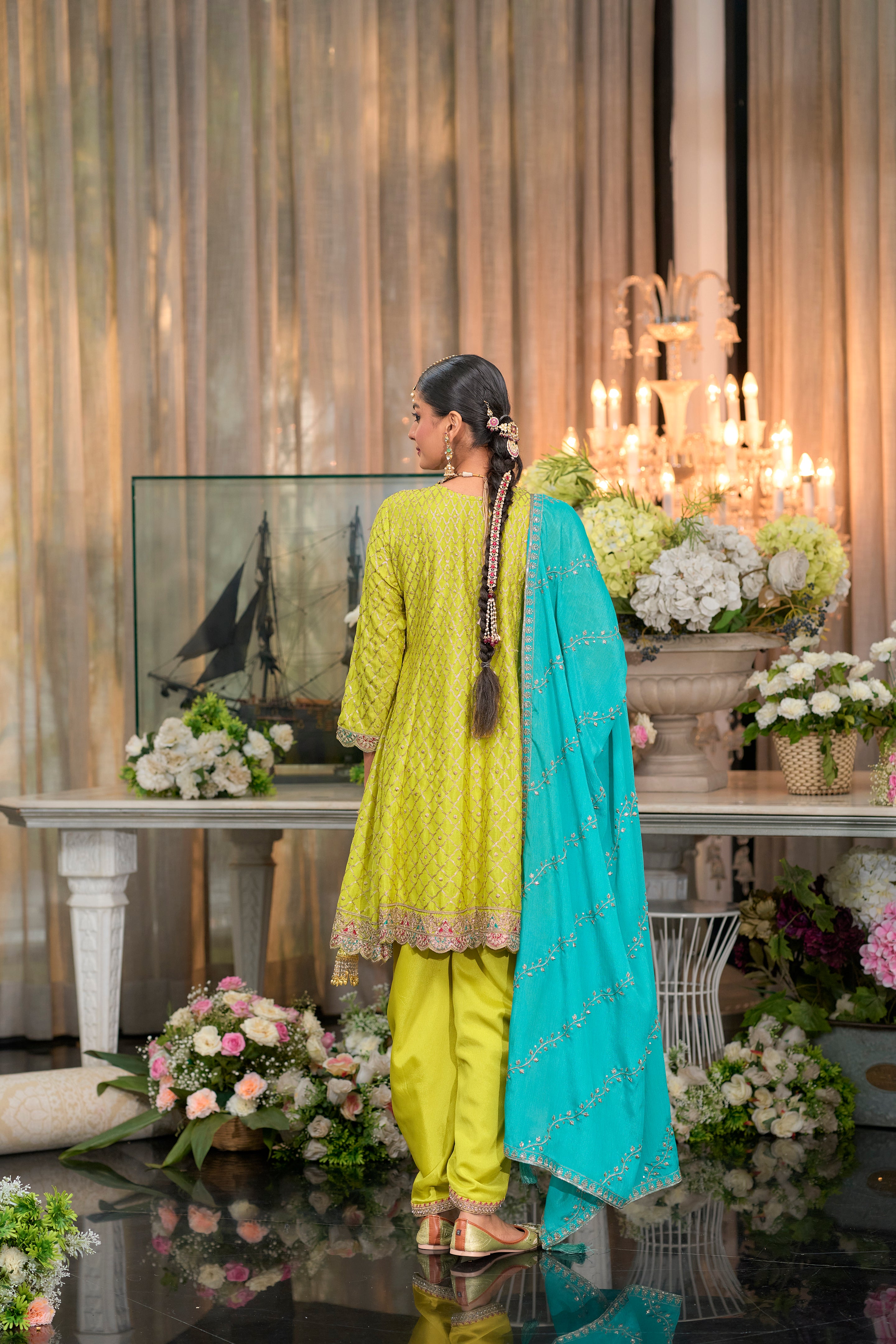 Lime green kurta and dhoti set with turquoise dupatta