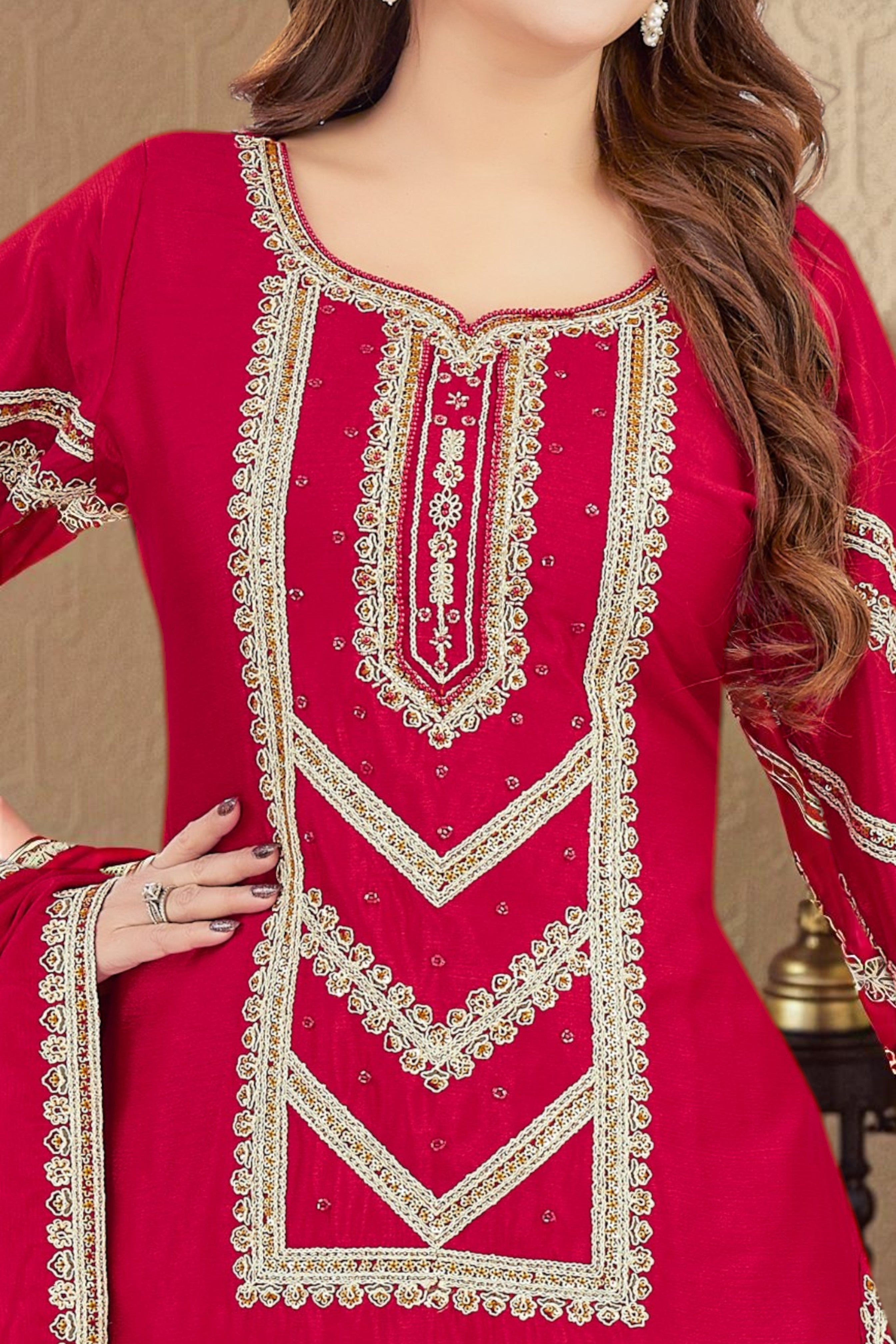 Deep red chinon embroidered palazzo set