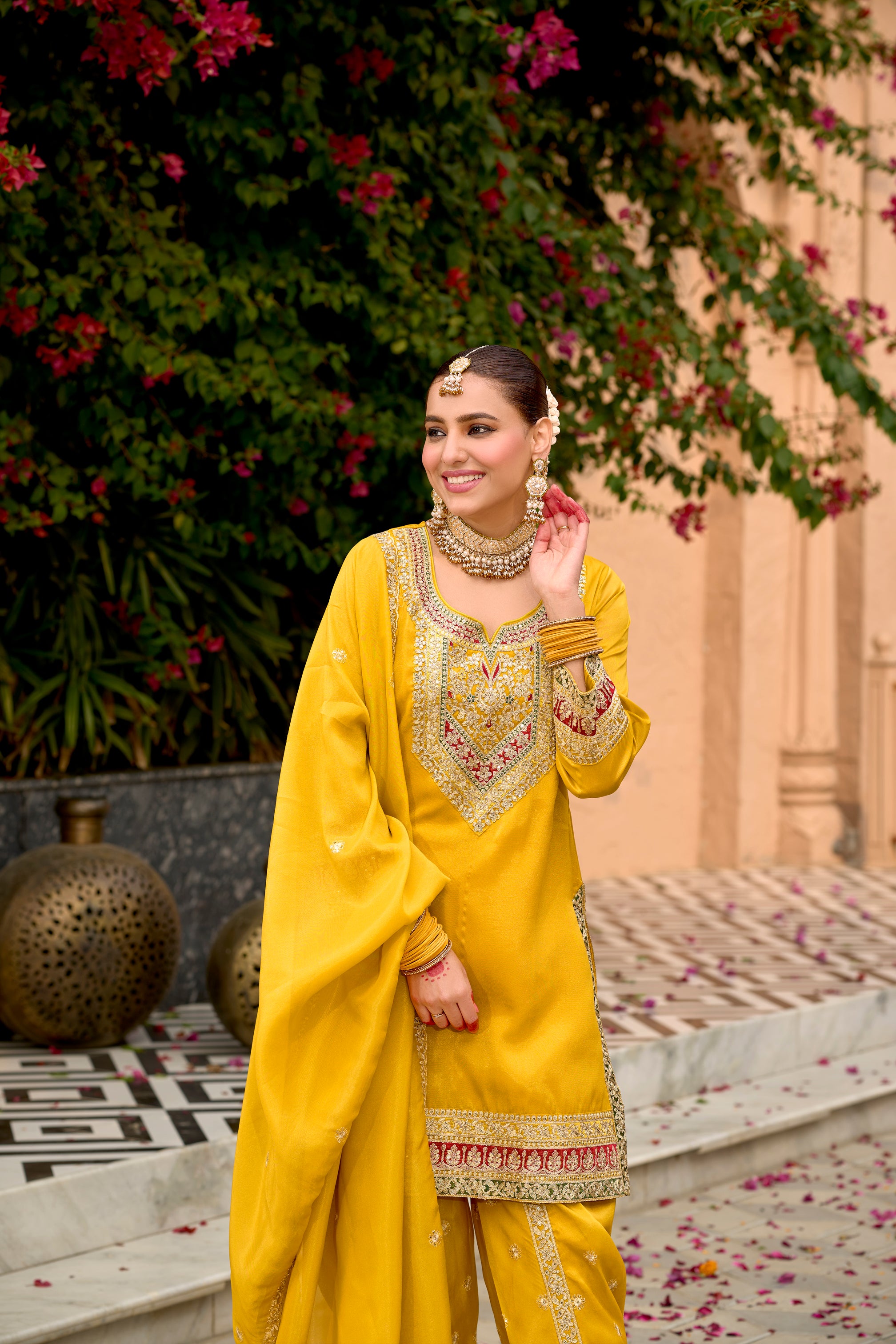 Mustard yellow kurta and dhoti set wih dupatta
