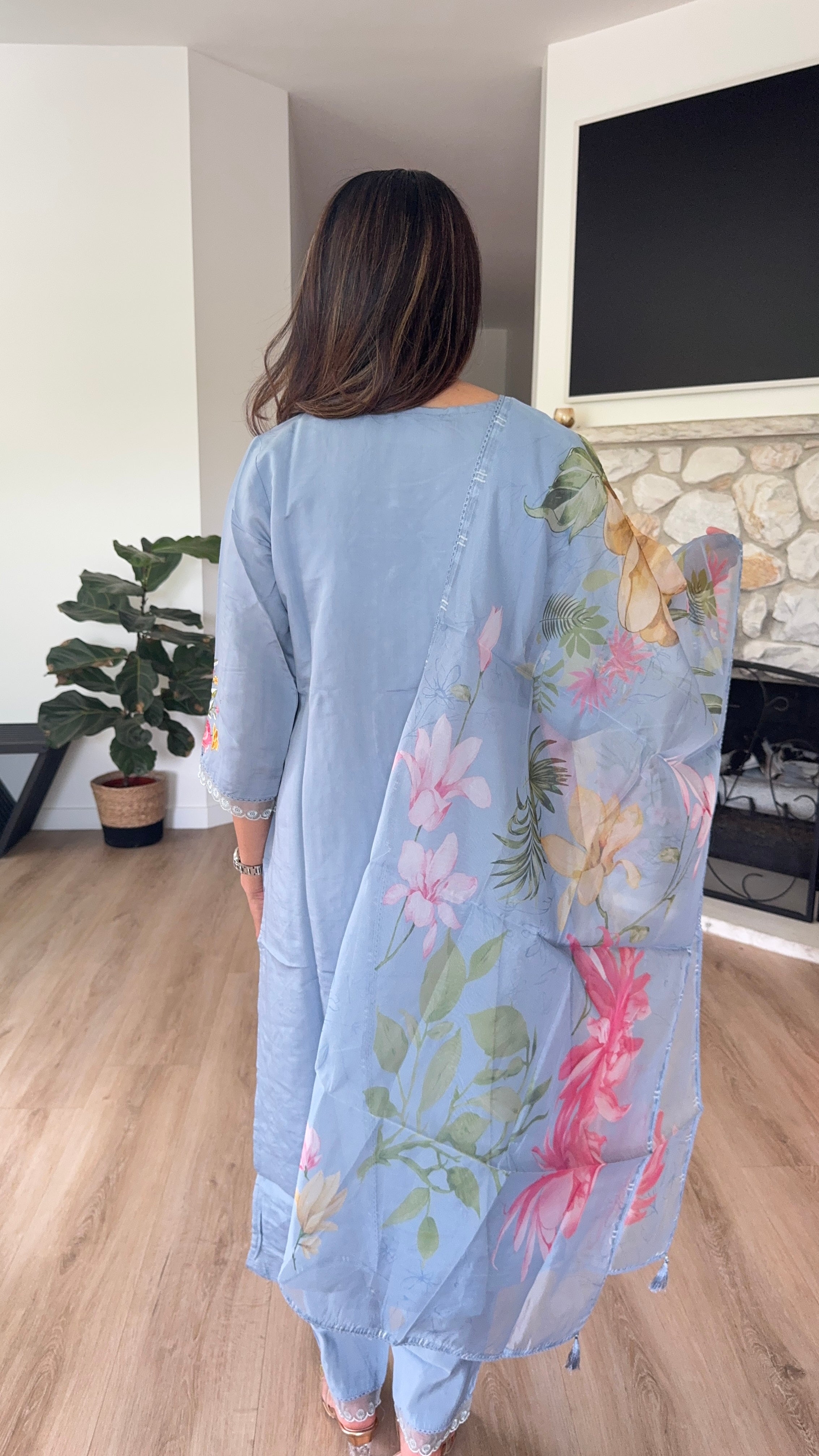 Light blue muslin kurta set with organza floral printed dupatta