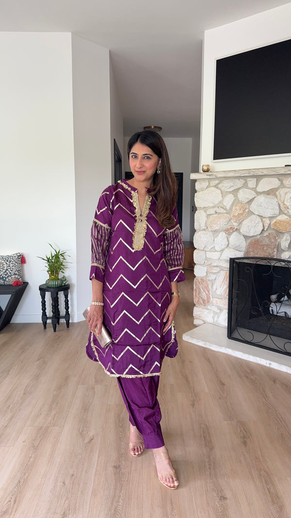 Wine Chevron Kurta With Pathani Pant