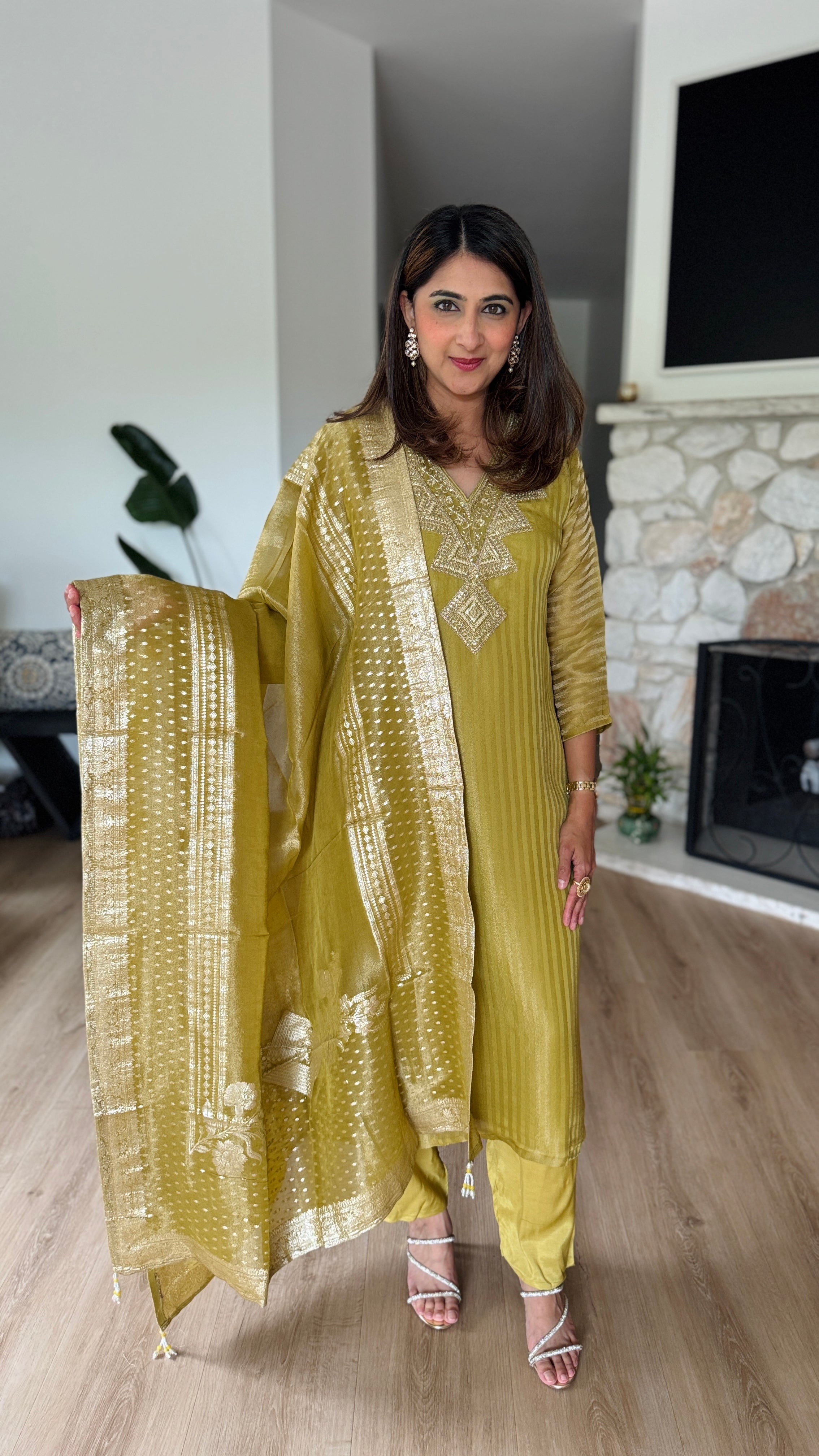 Mustard green silk jacquard kurta set with matching soft organza dupatta