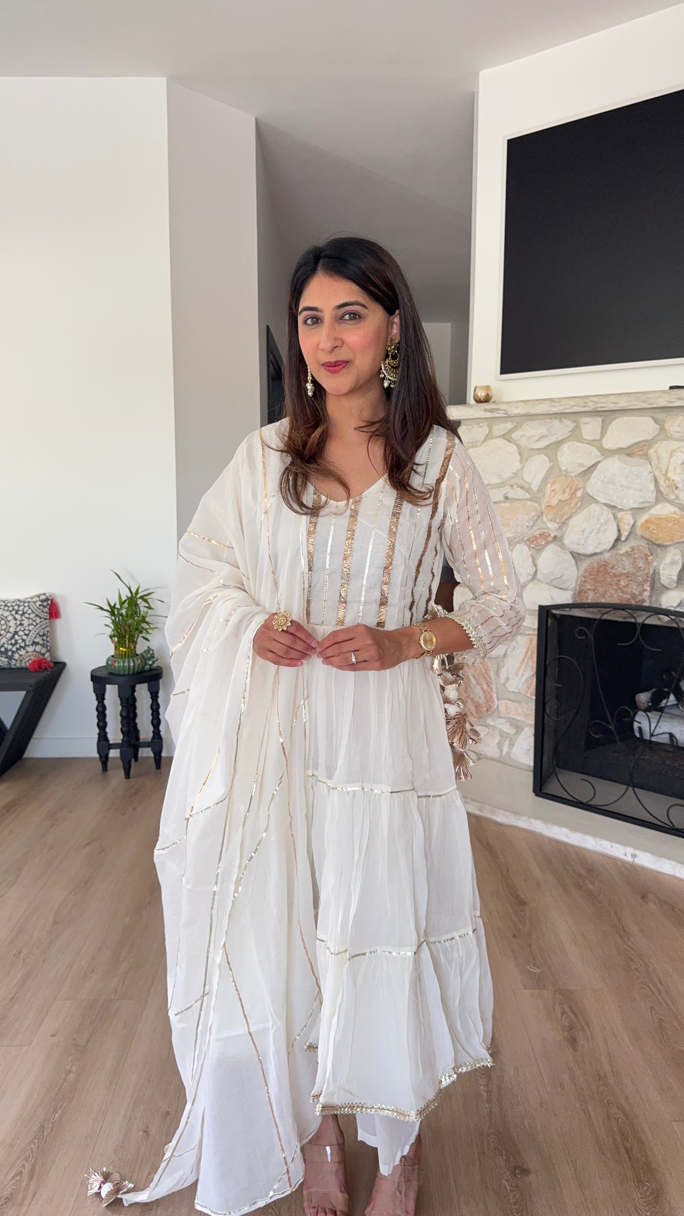 White with gold stripe Anarkali kurta Set