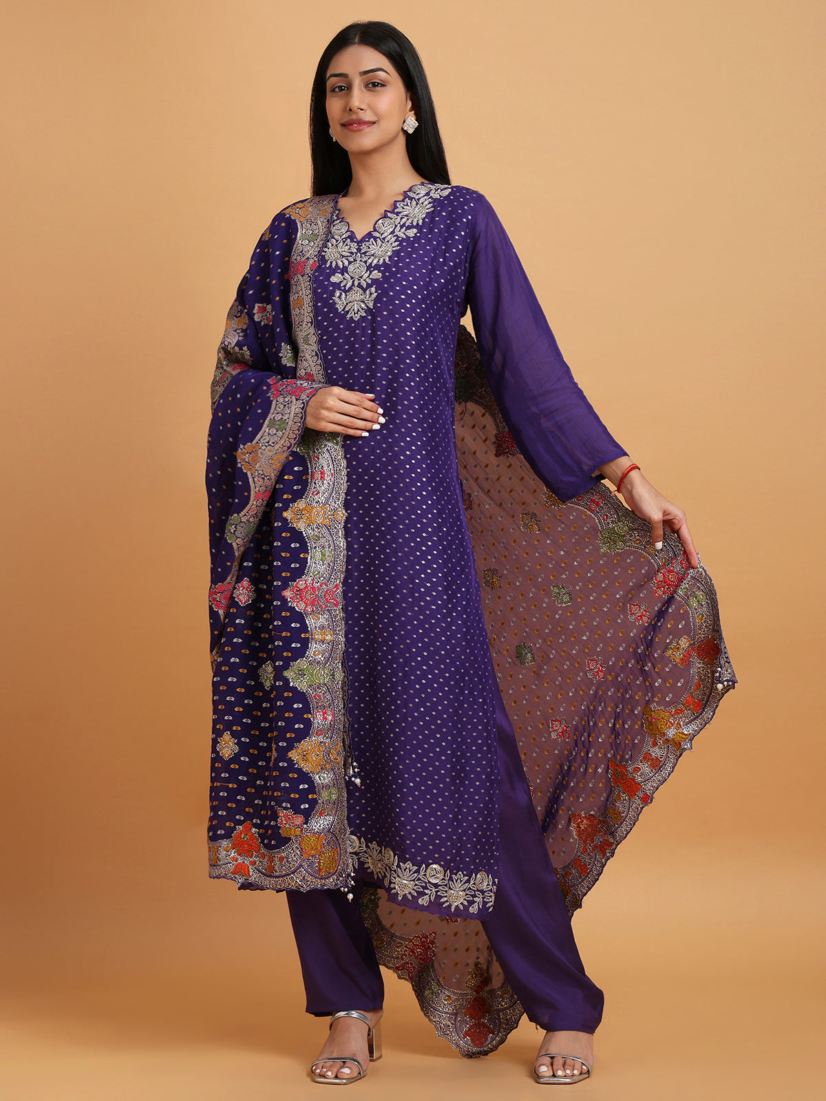 Deep purple kurta set with cutwork neckline and brocade dupatta