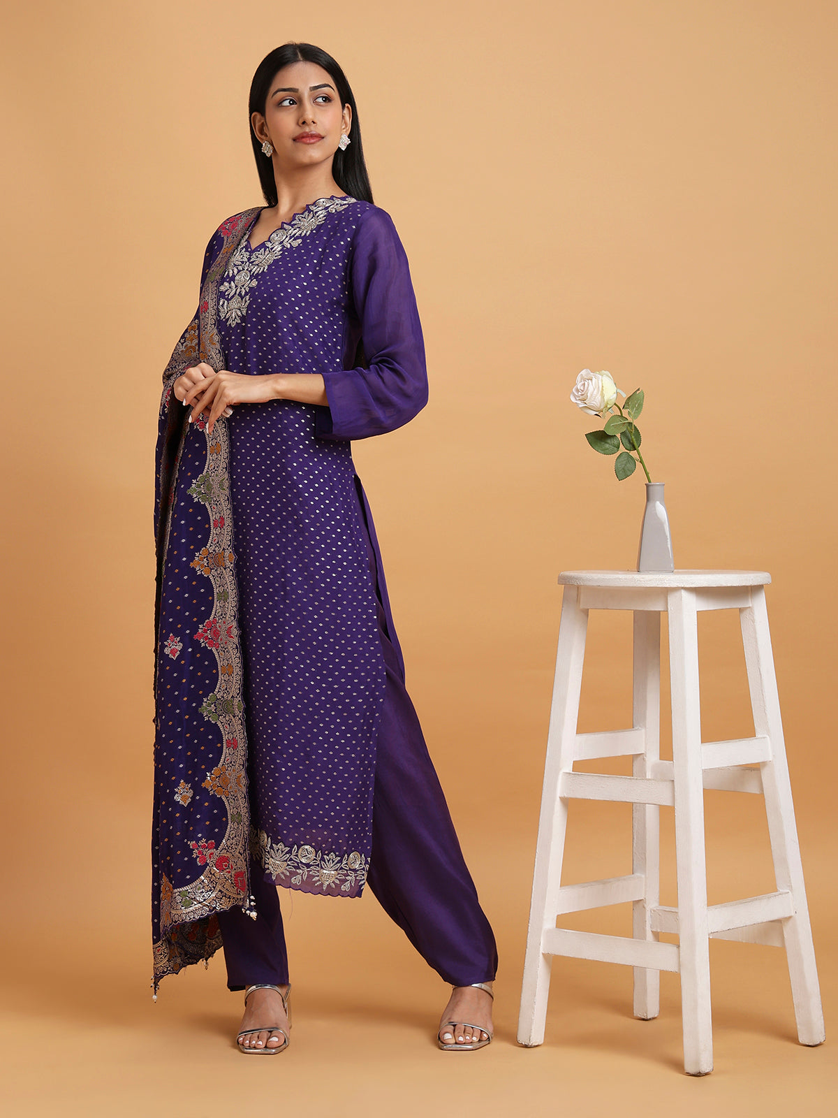 Deep purple kurta set with cutwork neckline and brocade dupatta