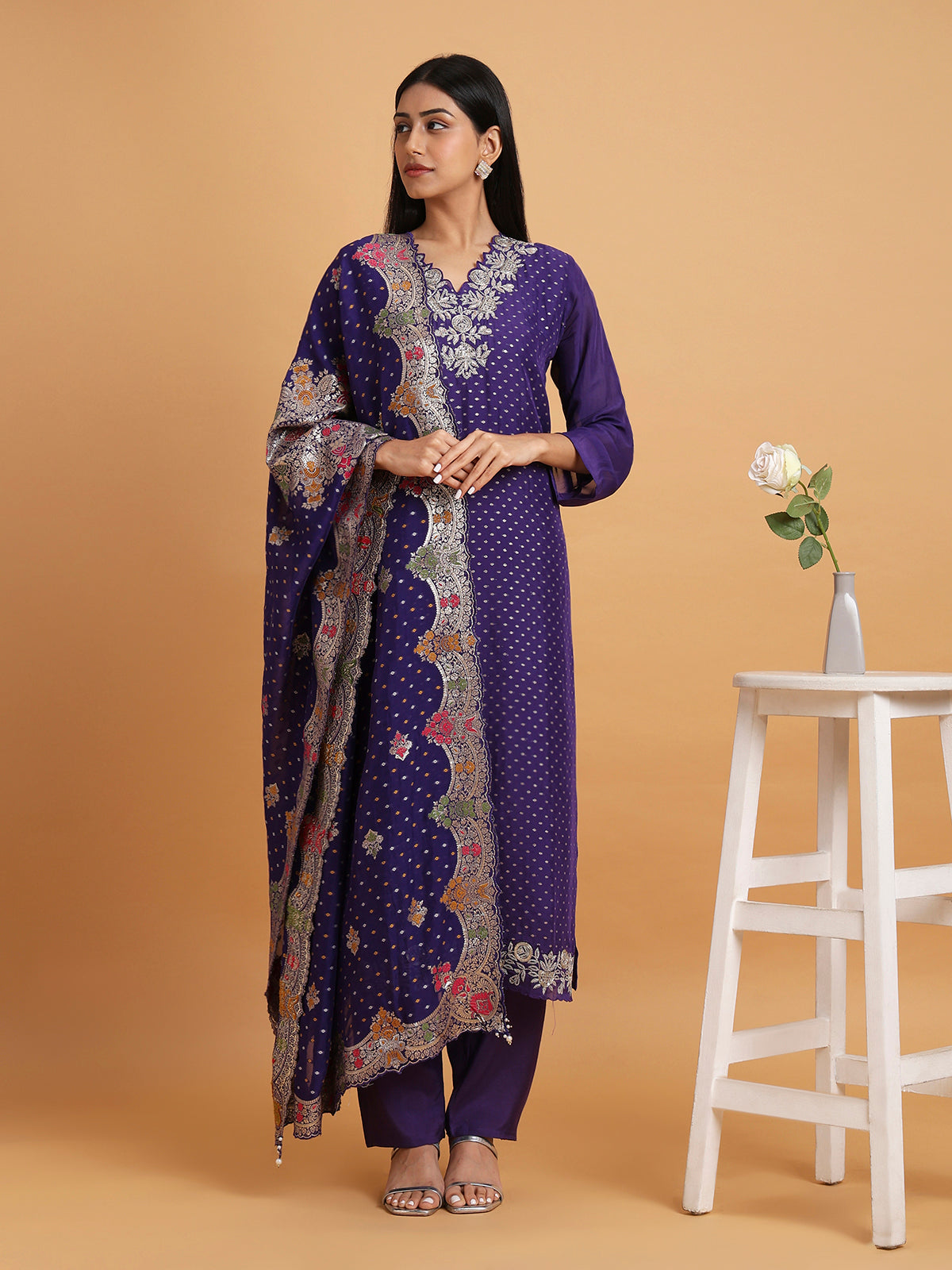 Deep purple kurta set with cutwork neckline and brocade dupatta