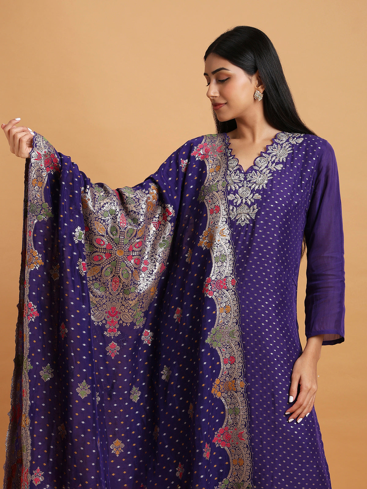 Deep purple kurta set with cutwork neckline and brocade dupatta