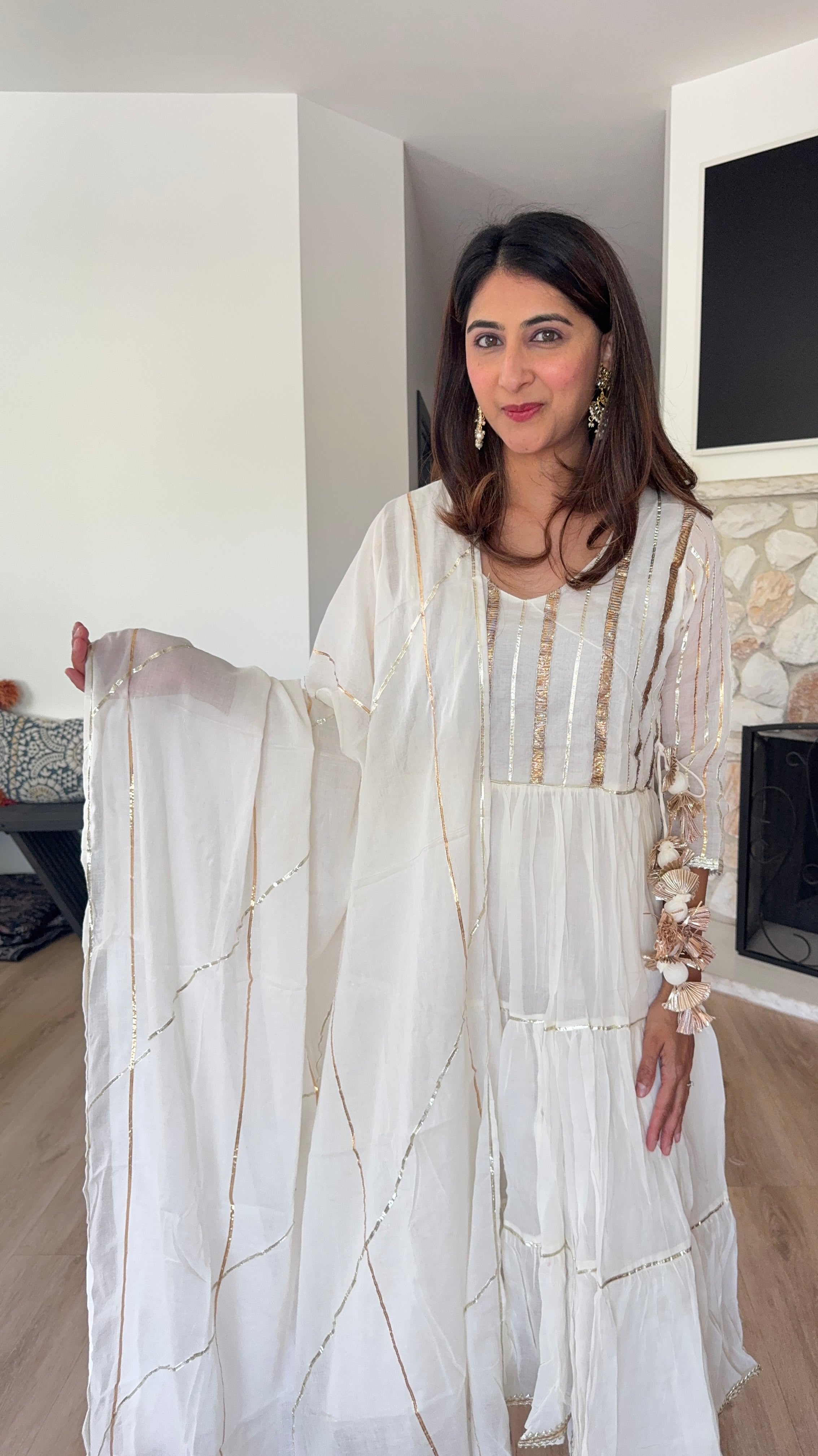 White with gold stripe Anarkali kurta Set