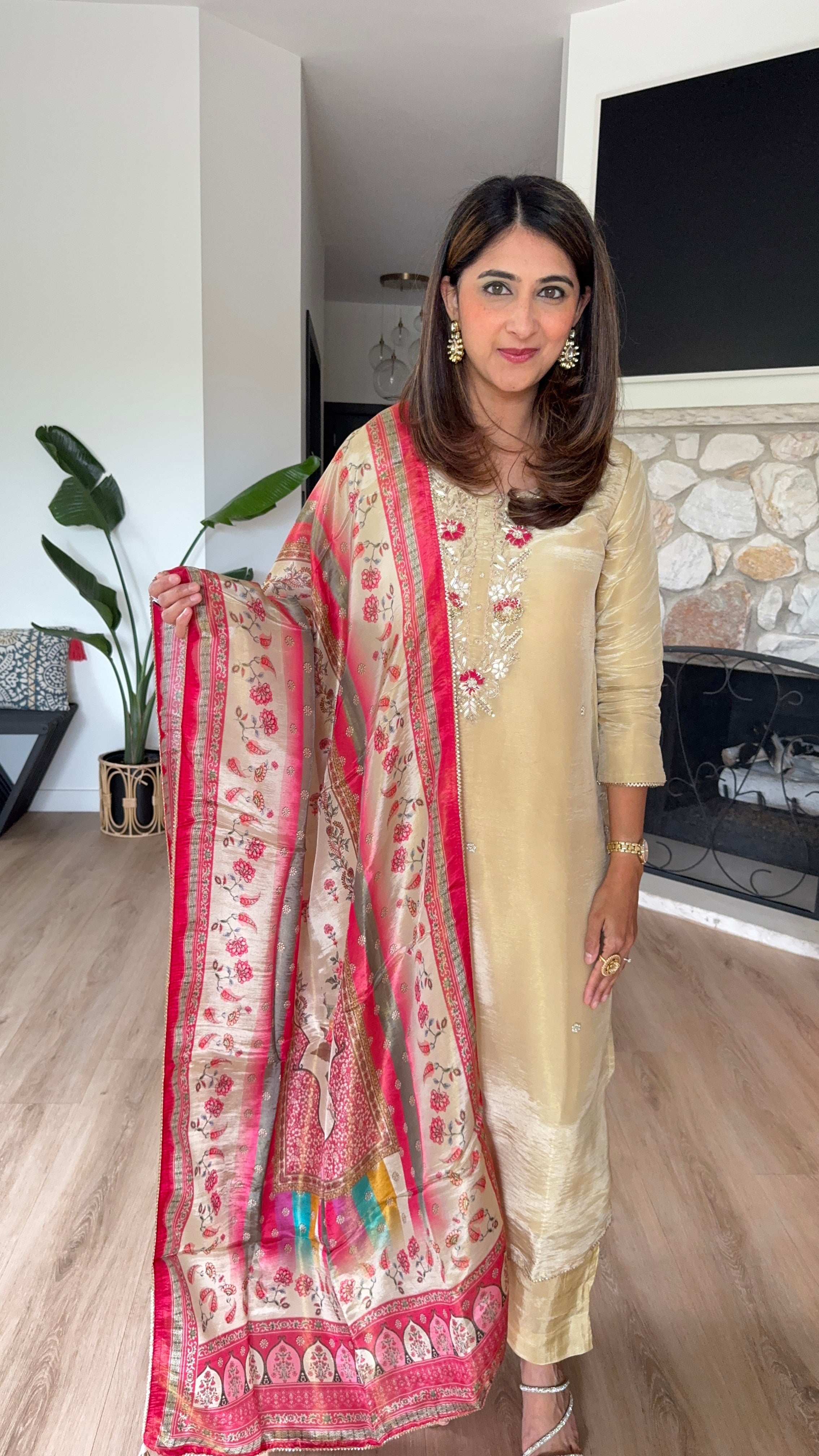 Beige shimmer silk kurta set with pink printed crepe dupatta