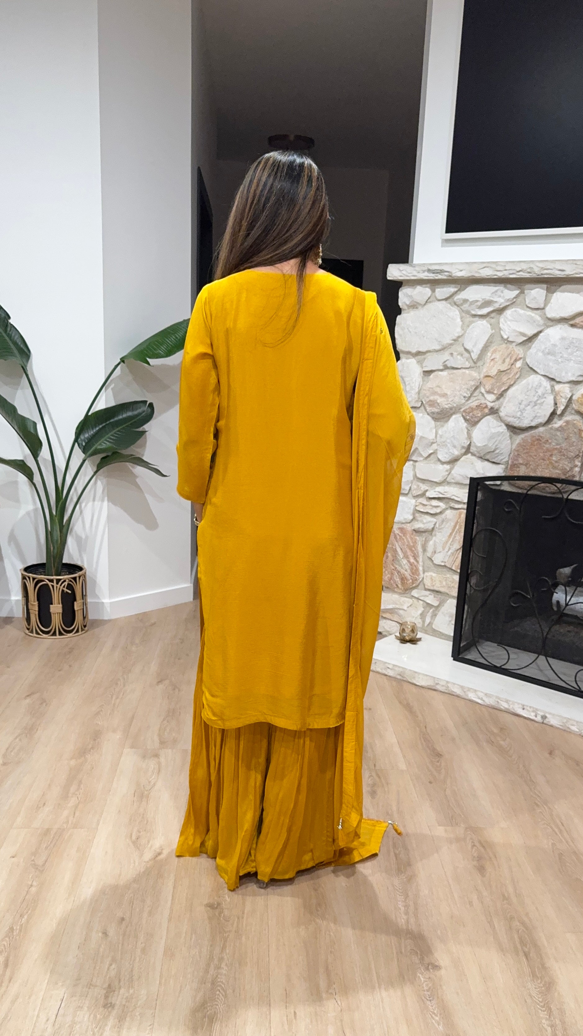 Golden yellow chiffon sharara set with chiffon dupatta