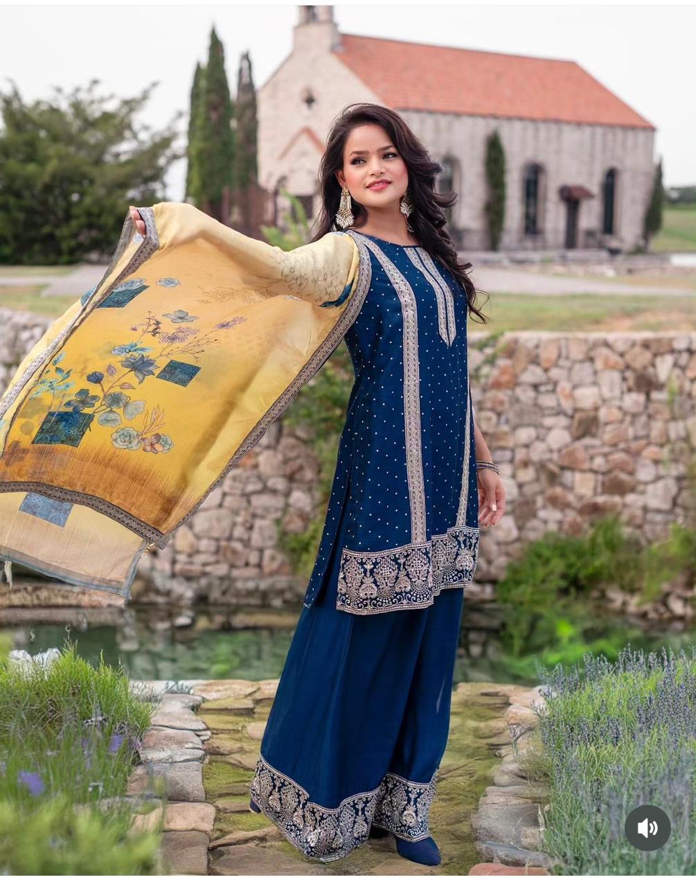 Midnight blue kurta set with palazzo pants and yellow dupatta