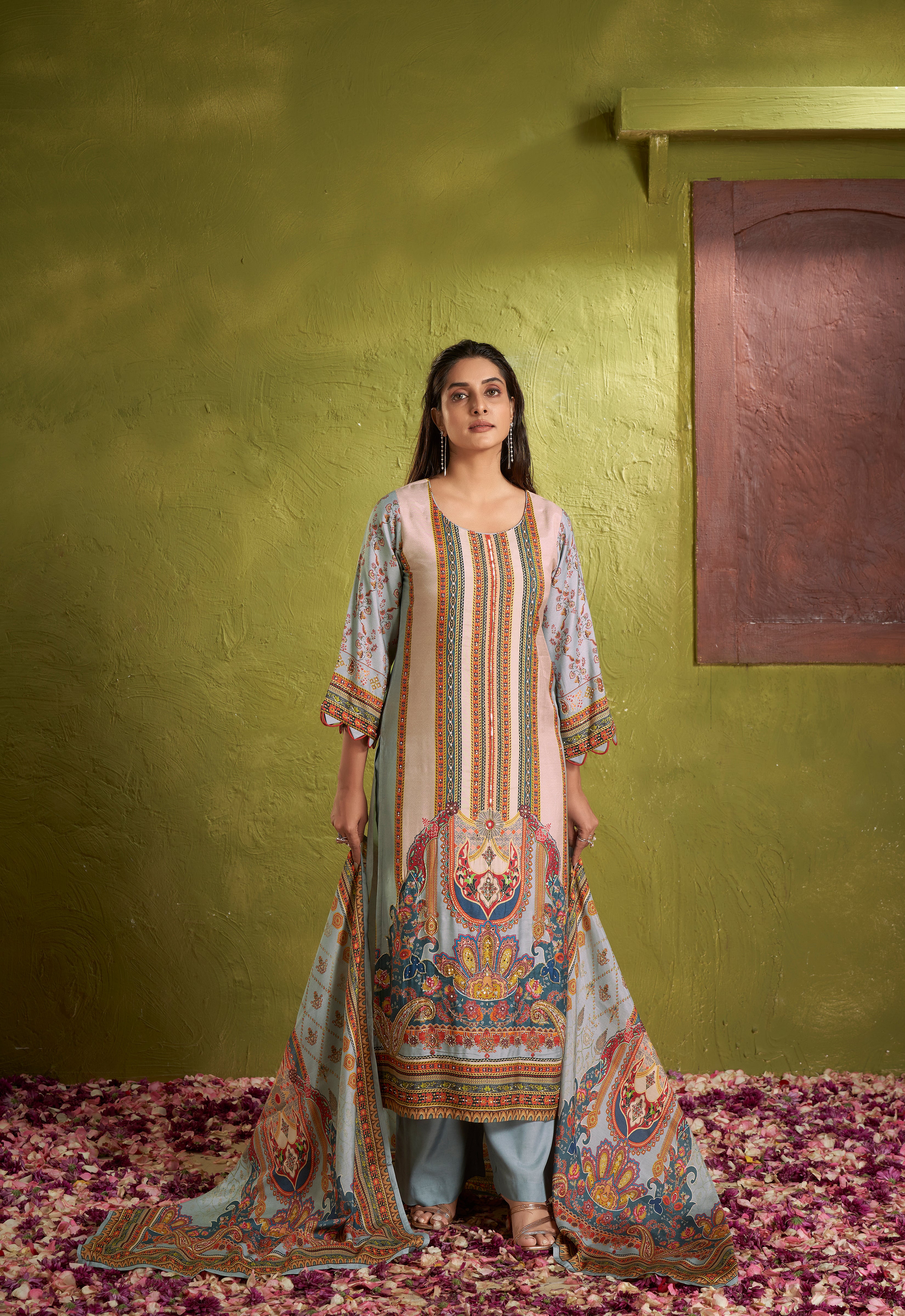 Beige and blue multicolour kurta set with printed dupatta