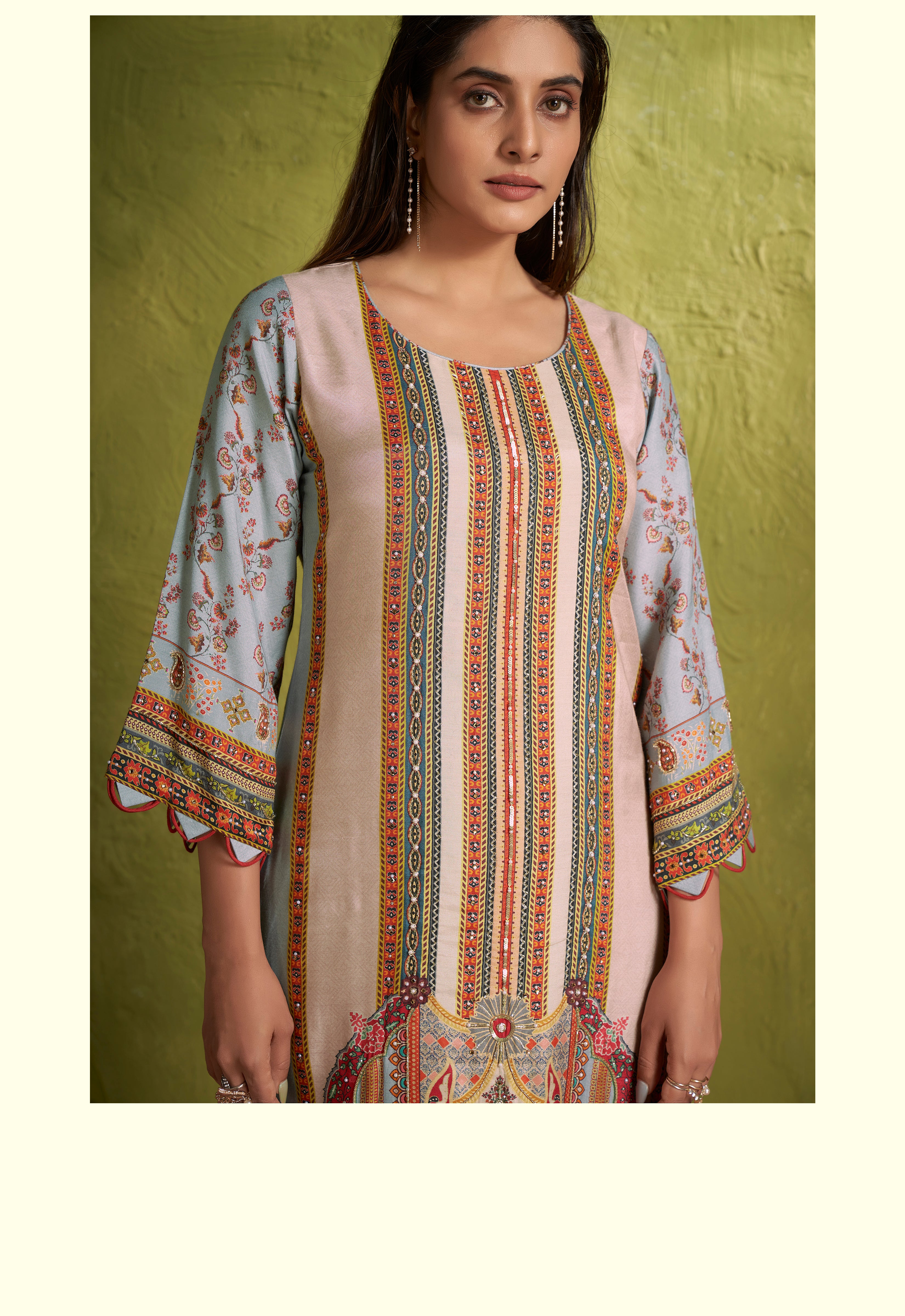 Beige and blue multicolour kurta set with printed dupatta