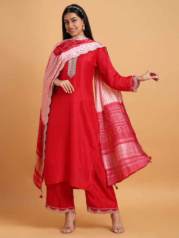 Red kurta set with pink satin bandhni print dupatta