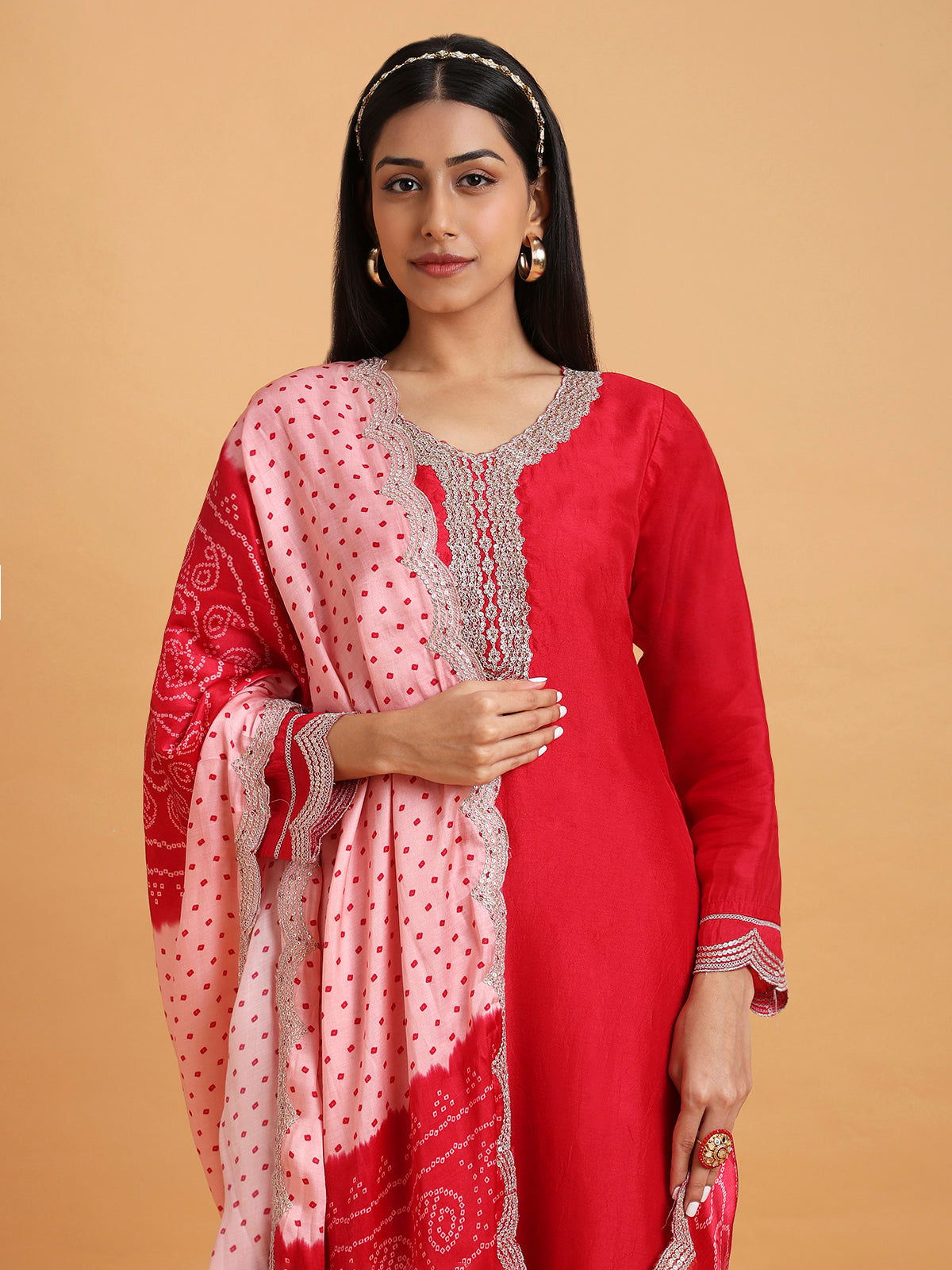 Red kurta set with pink satin bandhni print dupatta