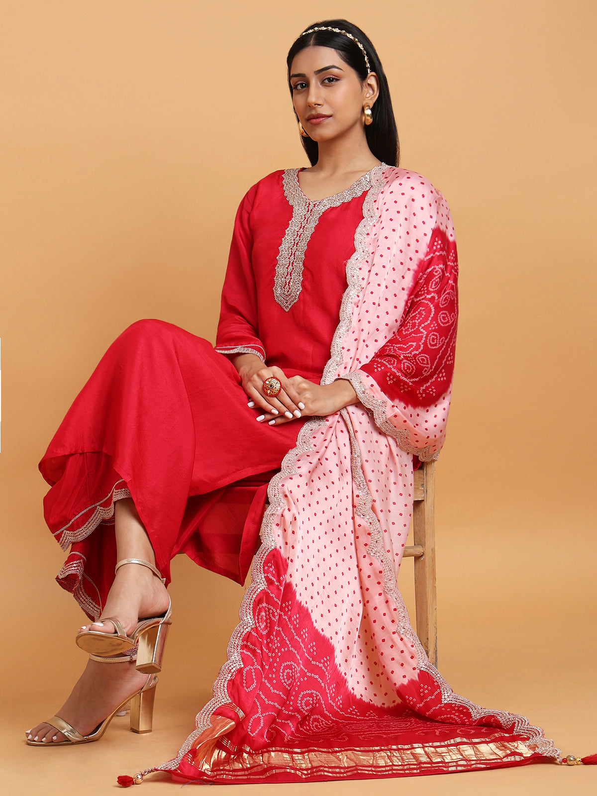 Red kurta set with pink satin bandhni print dupatta