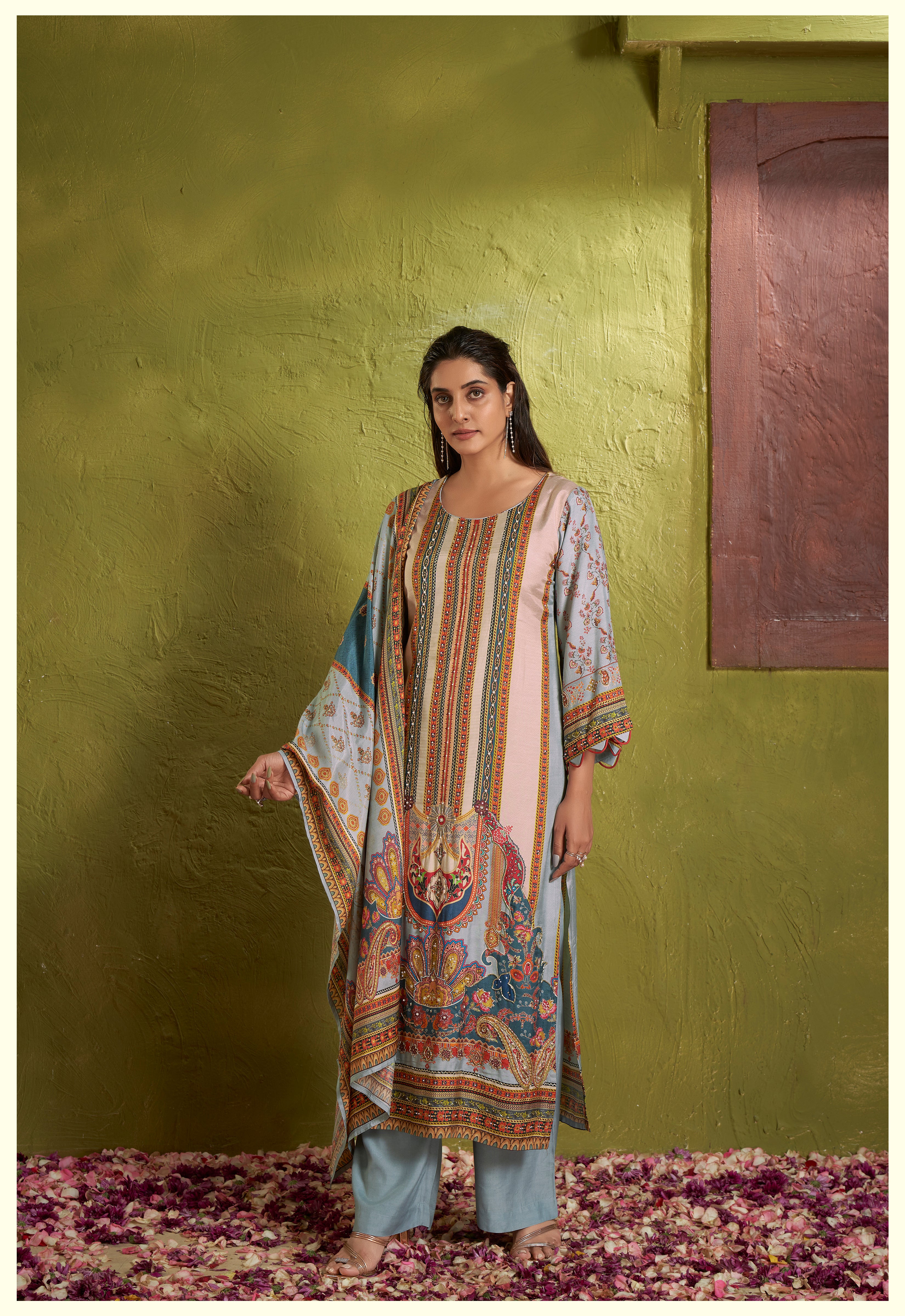 Beige and blue multicolour kurta set with printed dupatta